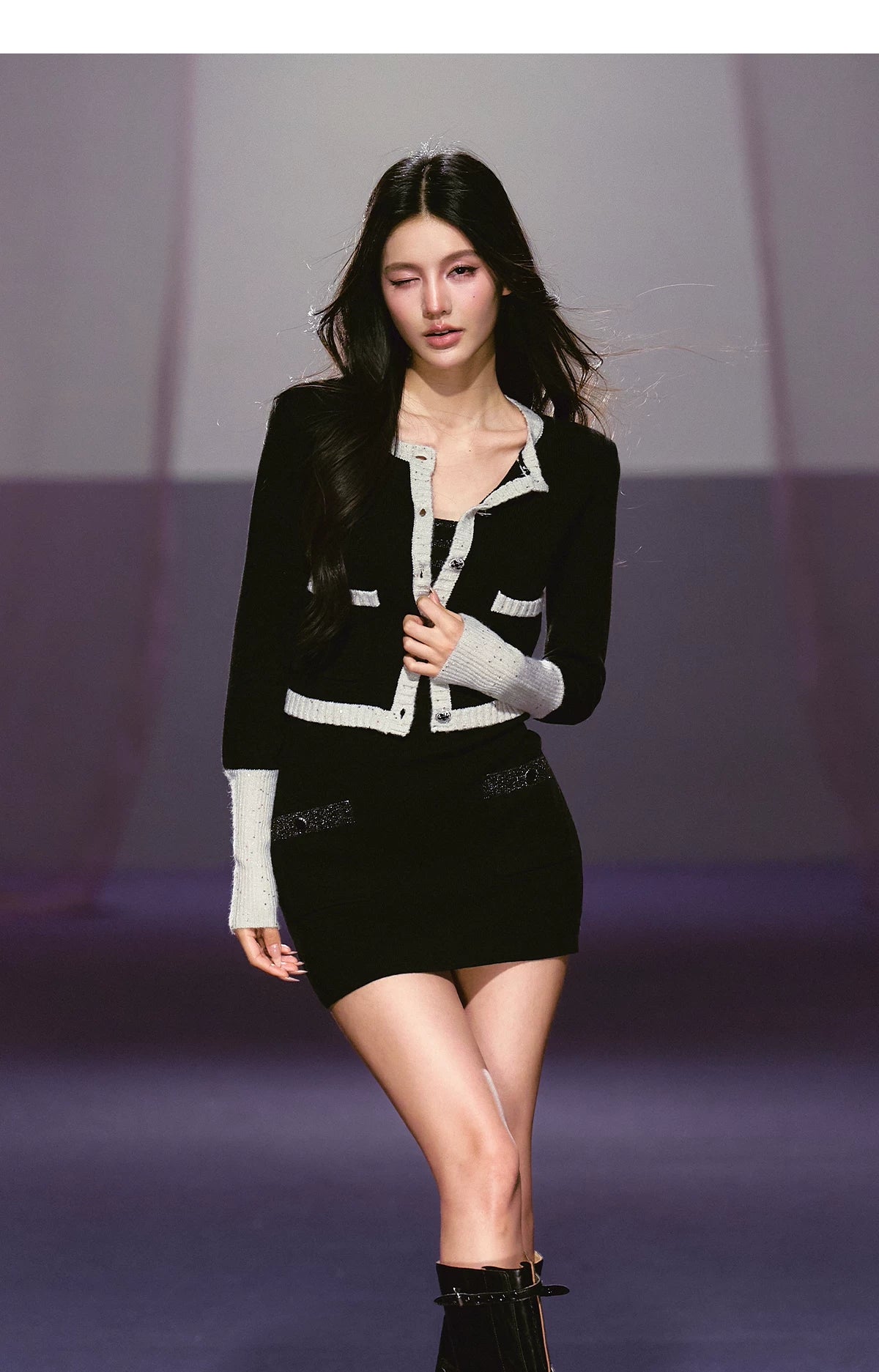 Black and White Color-block Knitted Cardigan