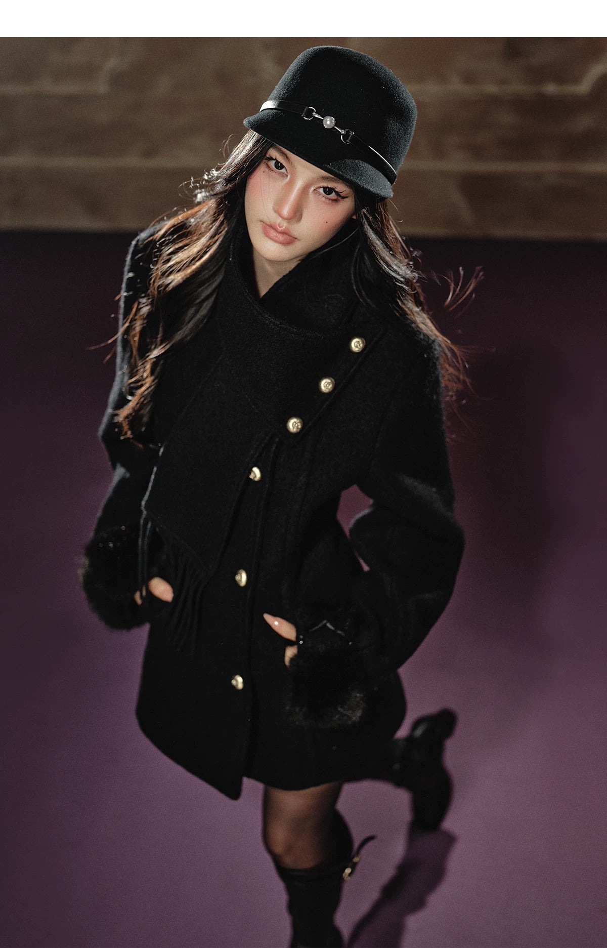 Detachable Fringe Scarf Hourglass-Waist Wool Coat