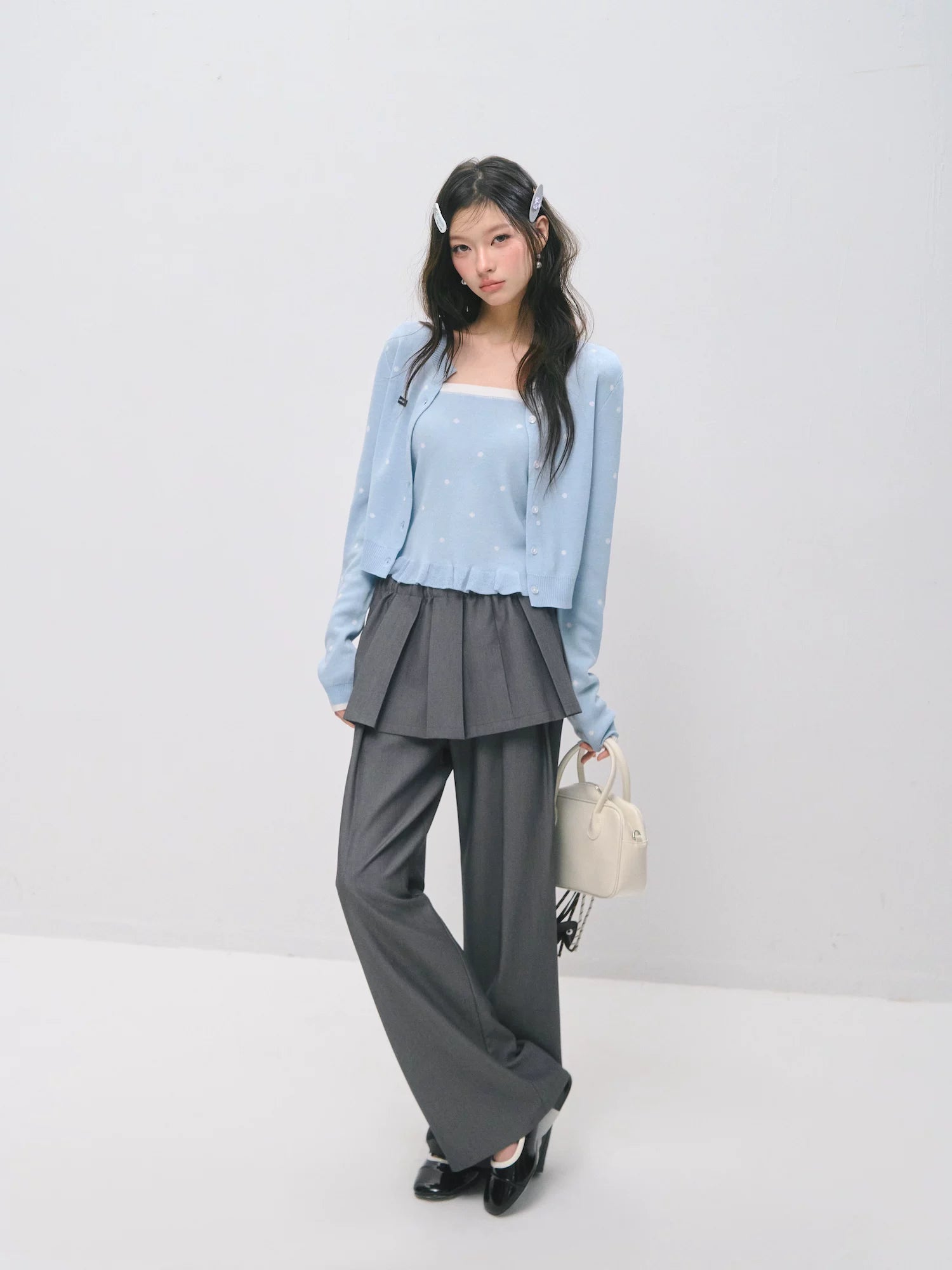 Detachable Pleated Overlay Tailored Wide-Leg Trousers