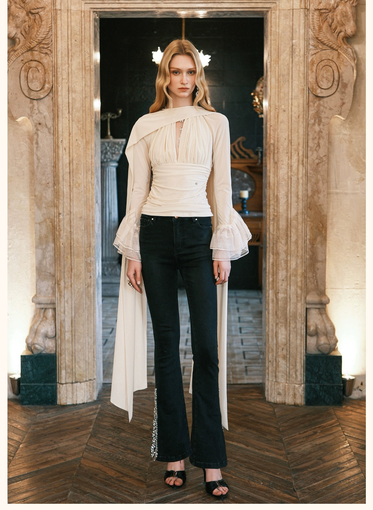 Nina Halter V-Neck Slim Tie Detail Crop Blouse - CHINASQUAD