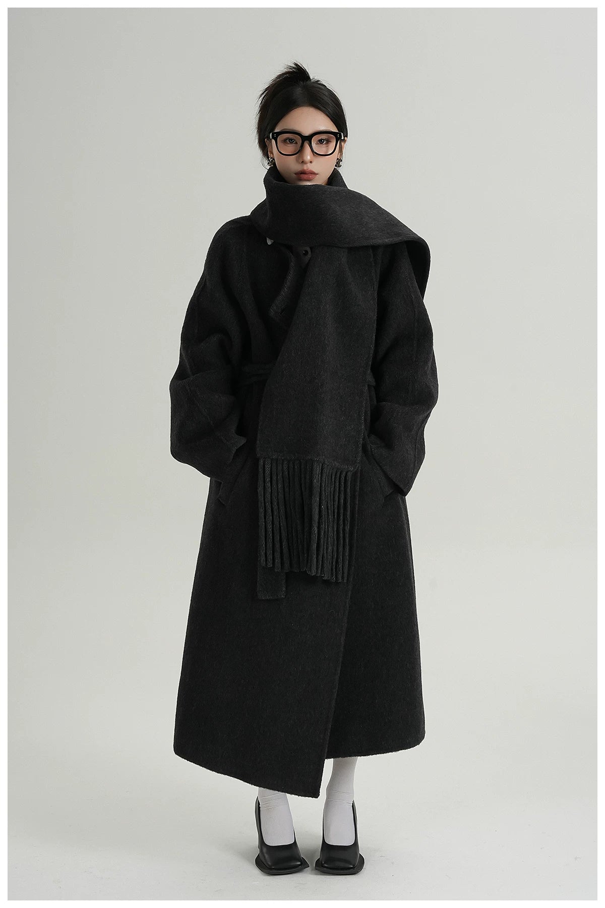 Fringe-Detail Wool Scarf-Style Long Coat