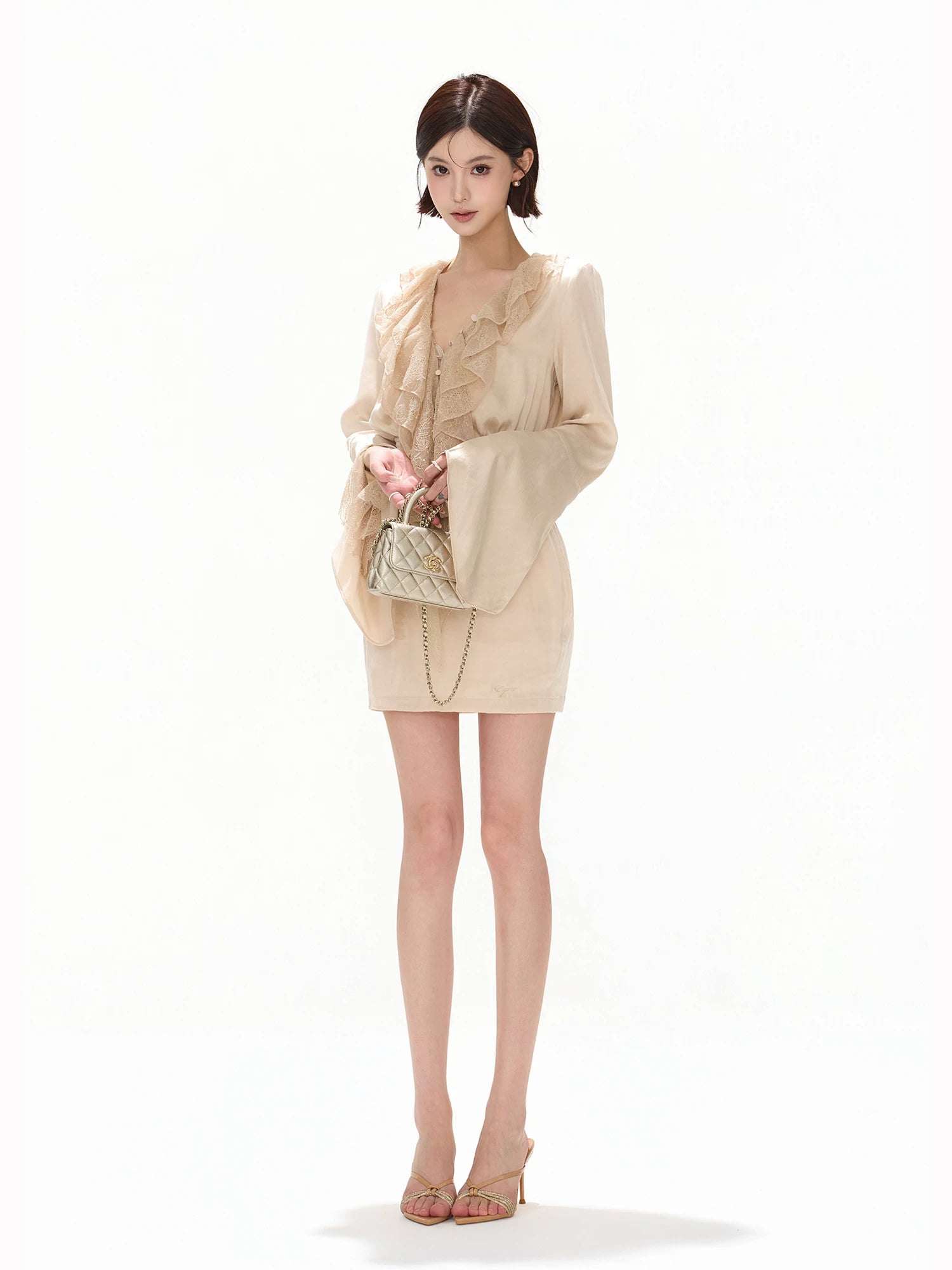 Elegant Ruffled Lace V-Neck Satin Mini Dress