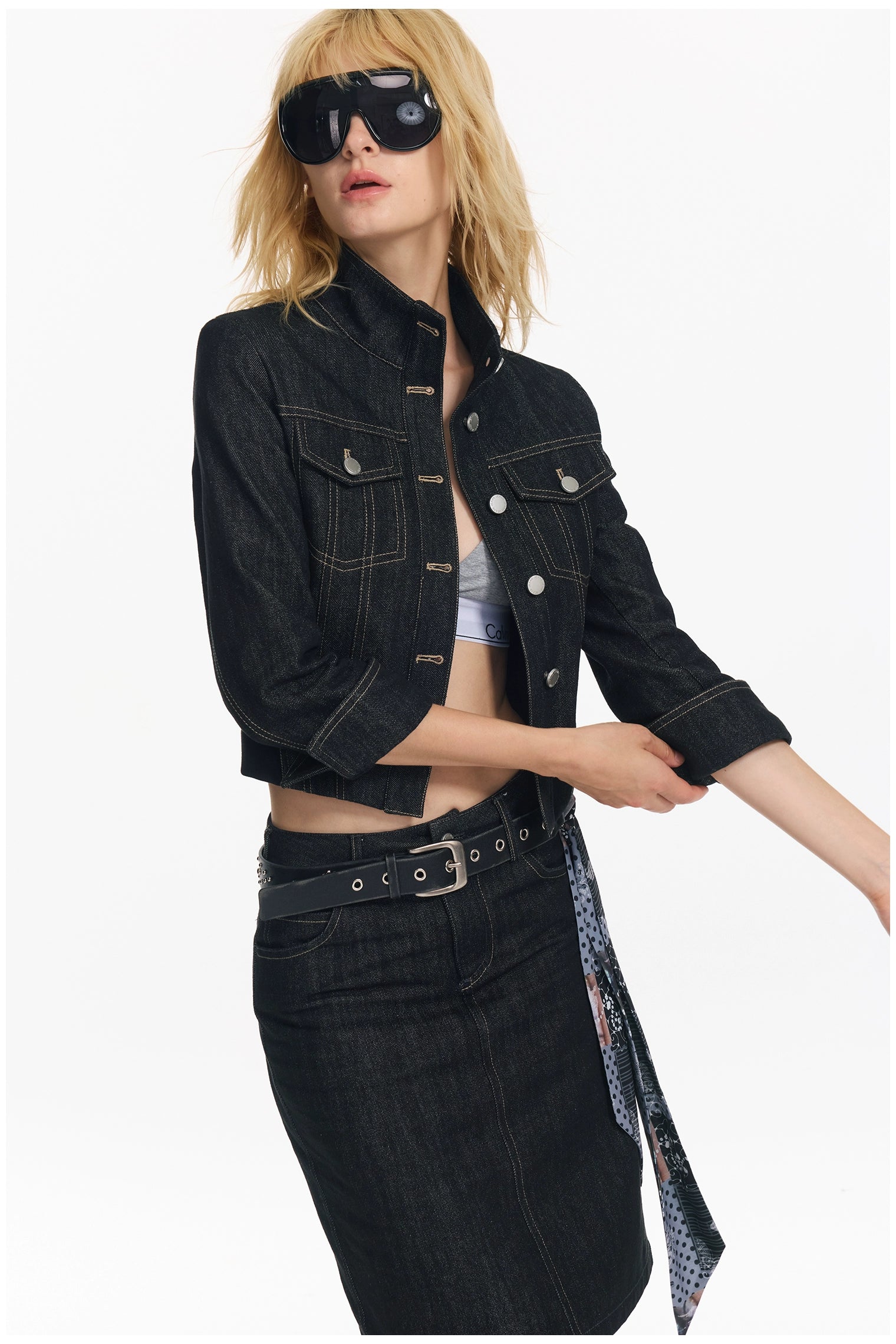 Cropped Stripe Stitch Denim Jacket & Skirt Set