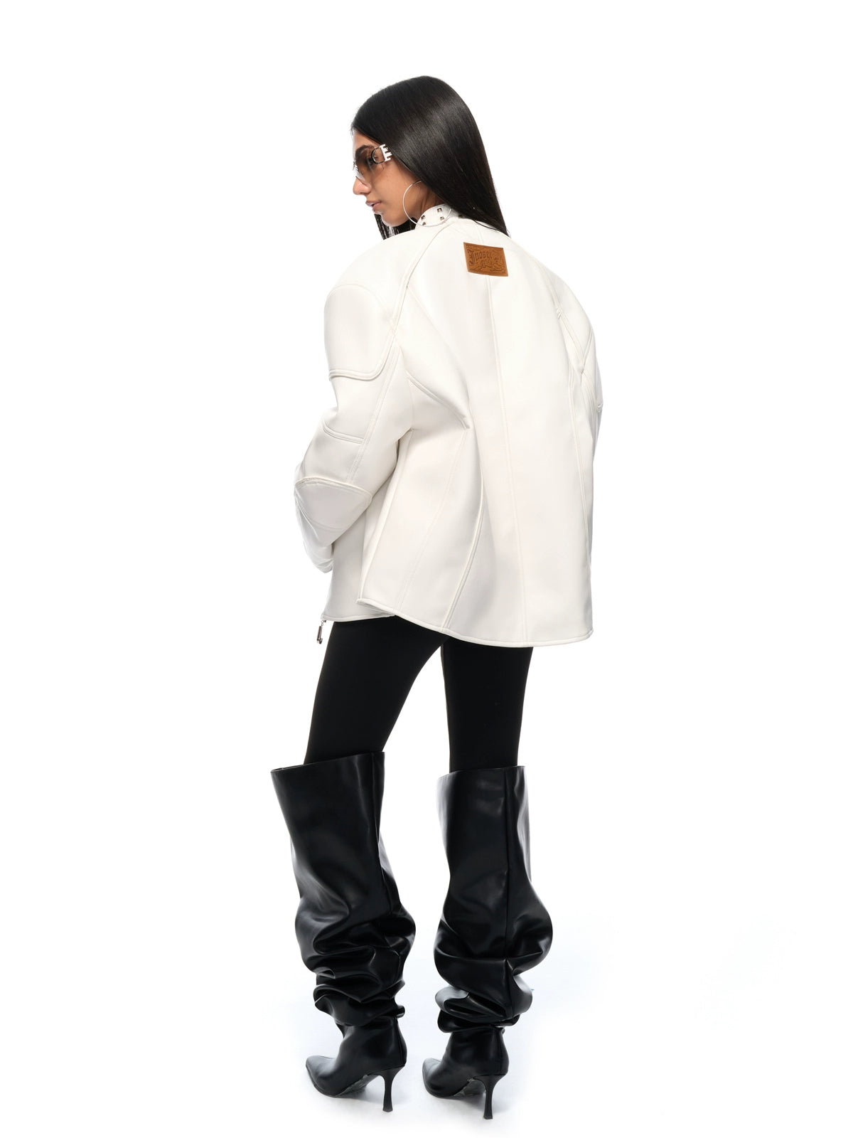 White Studded Stand-Collar Oversized Jacket