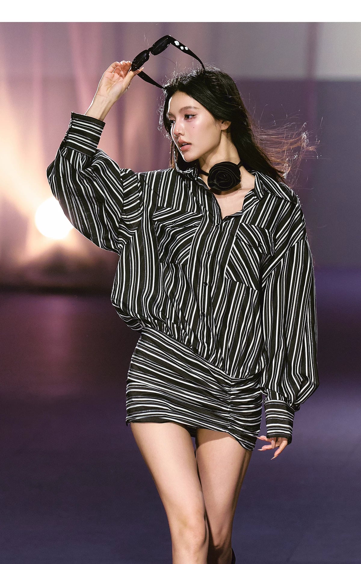 Striped Relaxed Shirt Dress with Satin Flower Brooch