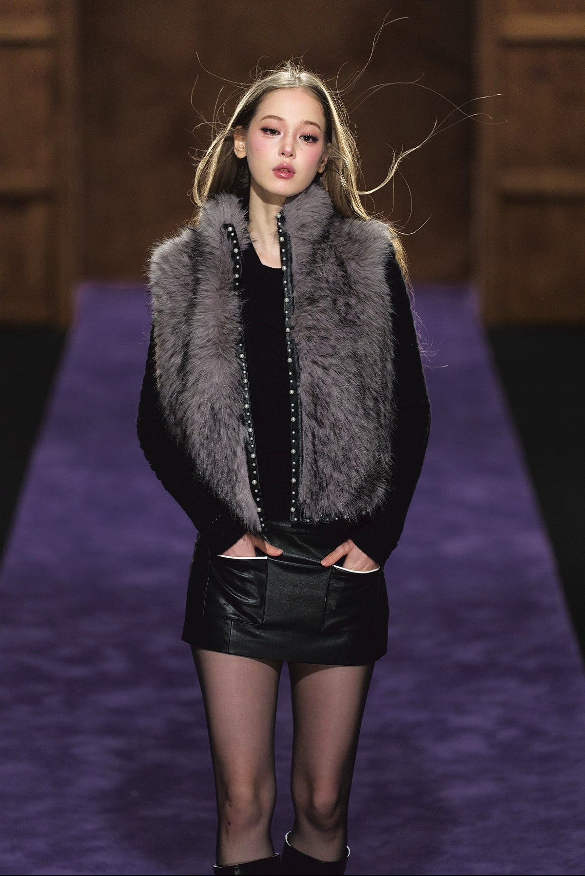 Beaded Faux Fur Layered Vest