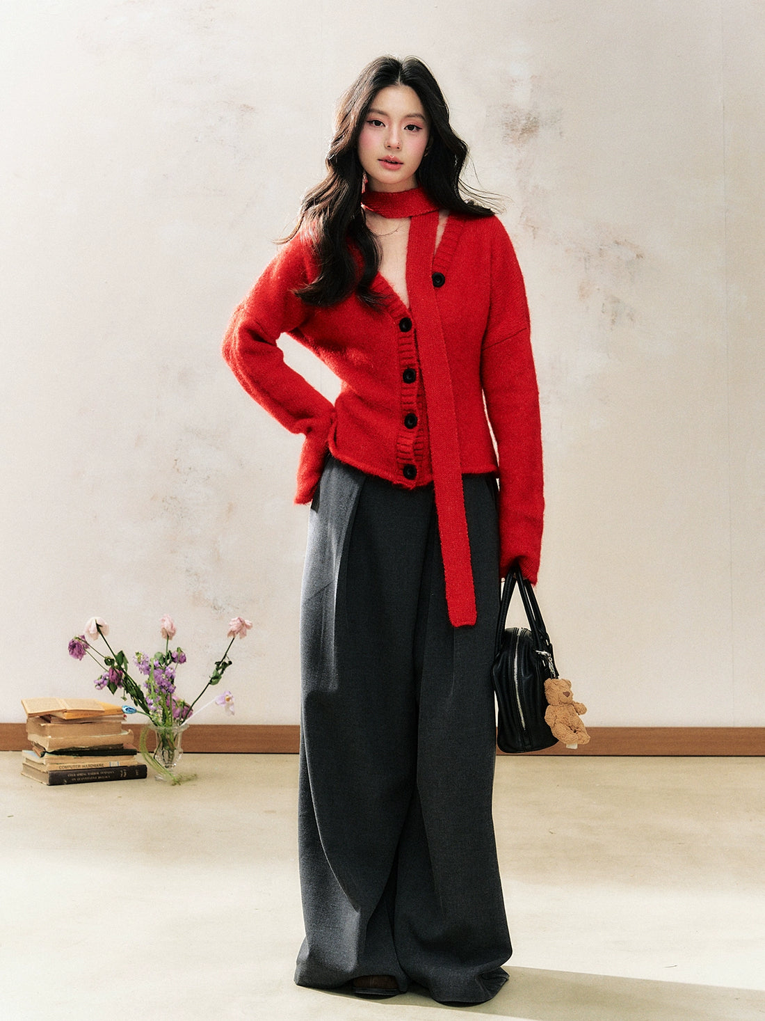 Red Knitted Cardigan Fashion Sweater  - CHINASQUAD