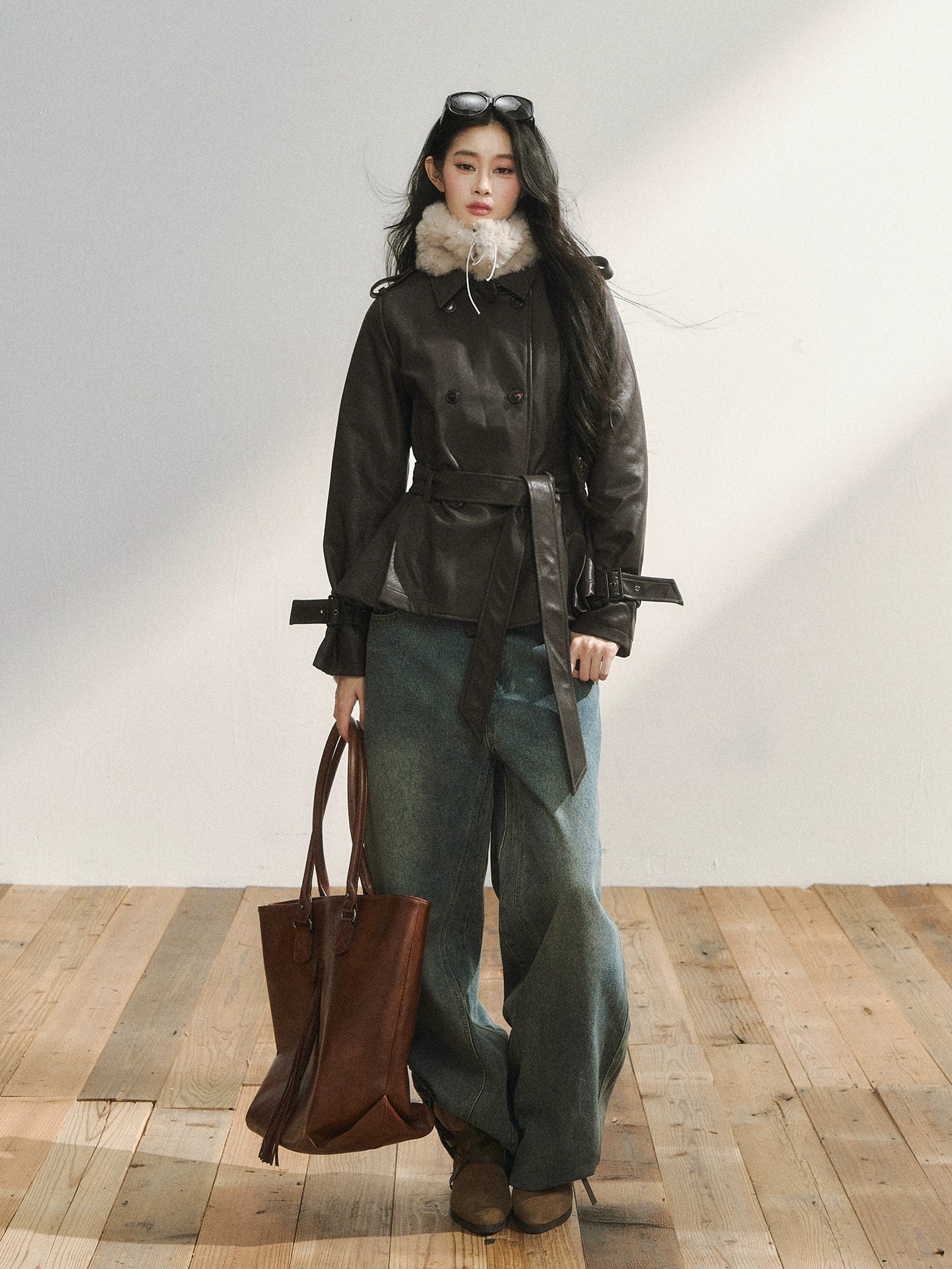Vintage Brown Belted Faux Leather Wool Jacket