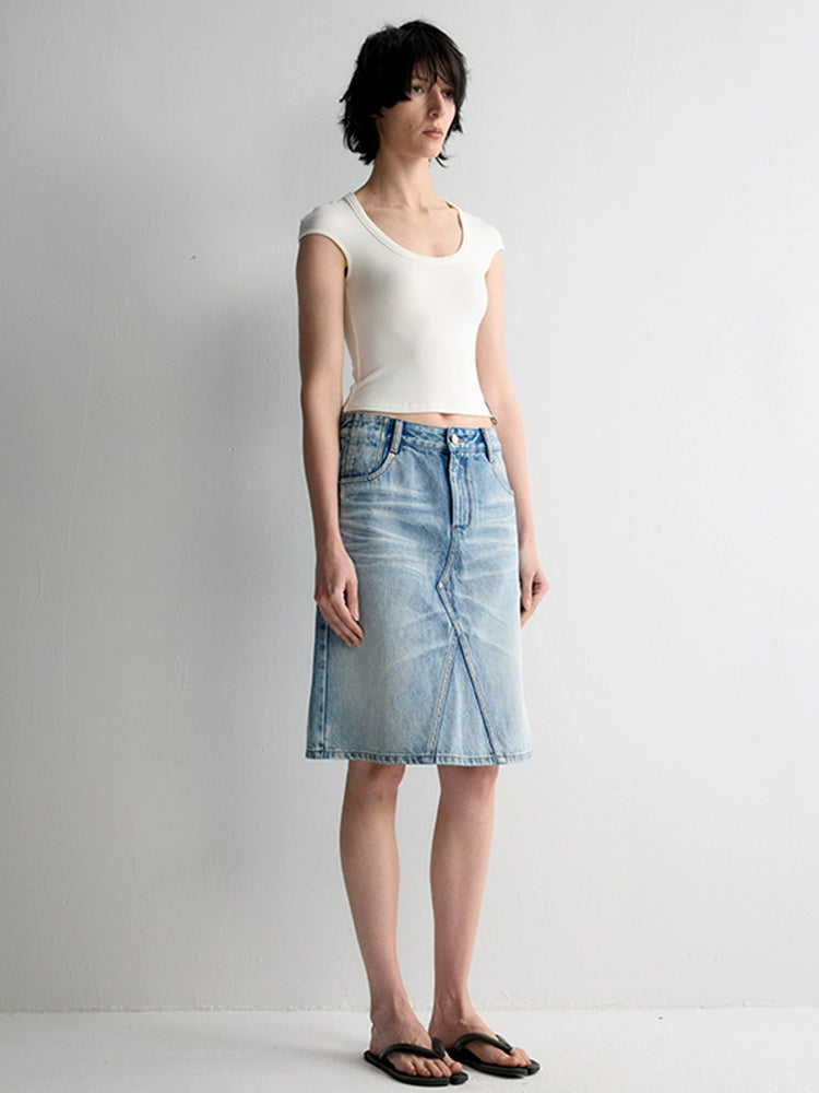 Deep U-Neck Ruffled Short Sleeve T-shirt