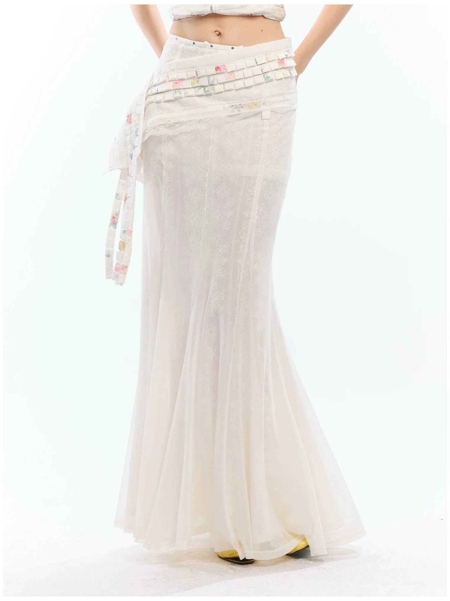 Vintage Floral Lace Asymmetric Waist Draped Overlay Skirt Belt