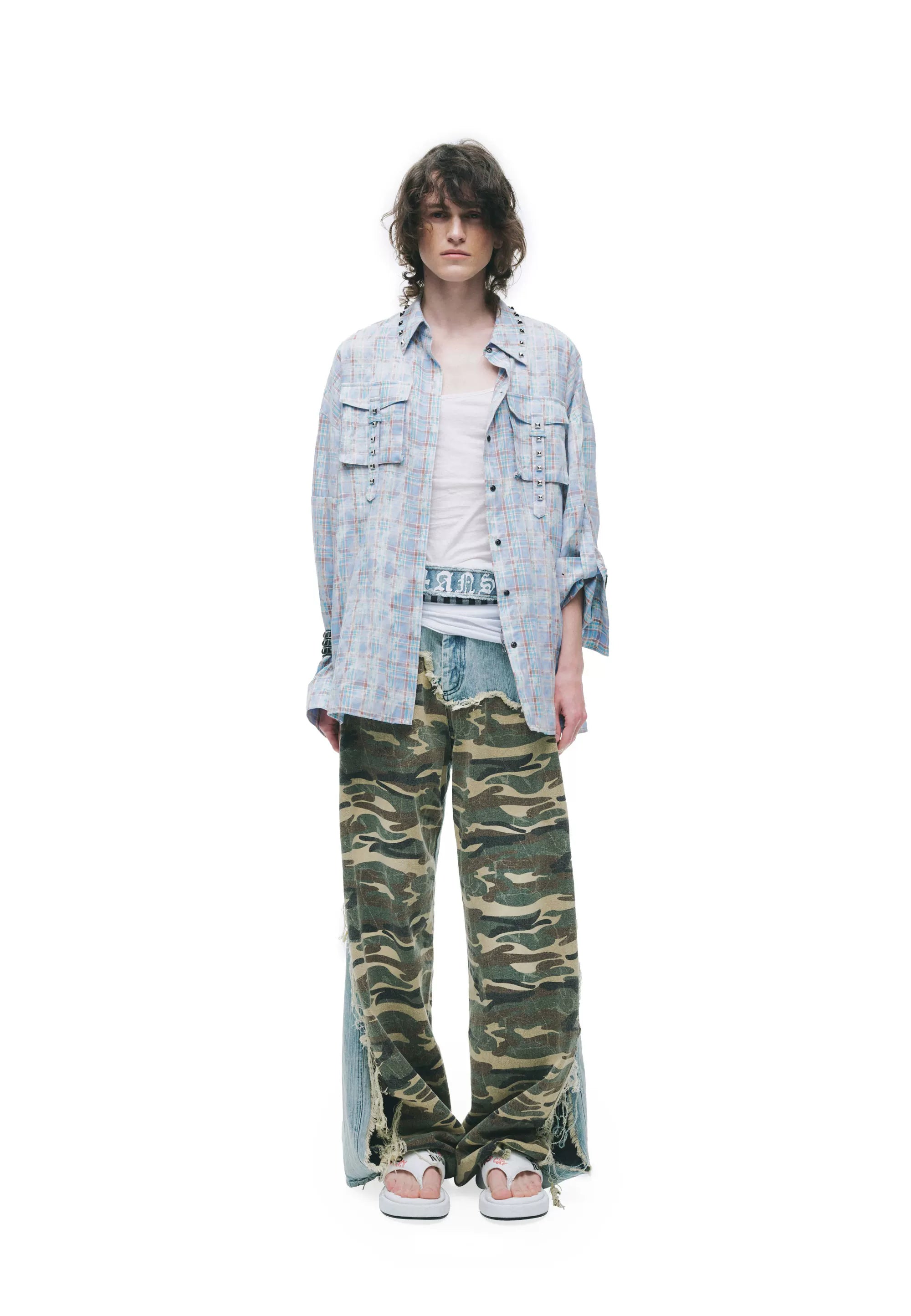 Vintage Washed Studded Plaid Oversized Shirt