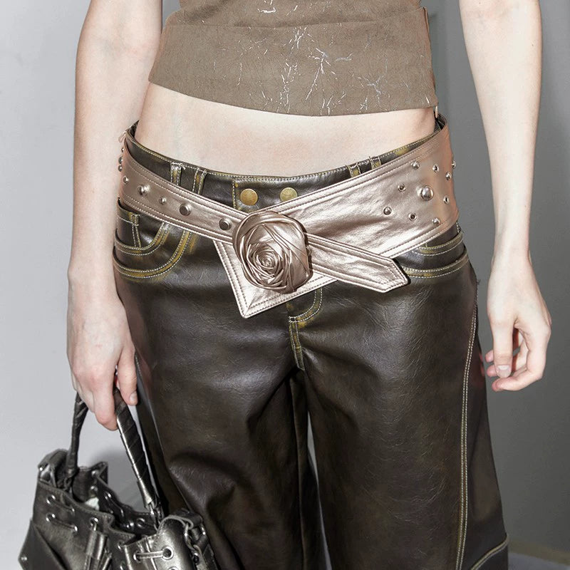 Vintage Rose Studded Wide Belt - CHINASQUAD