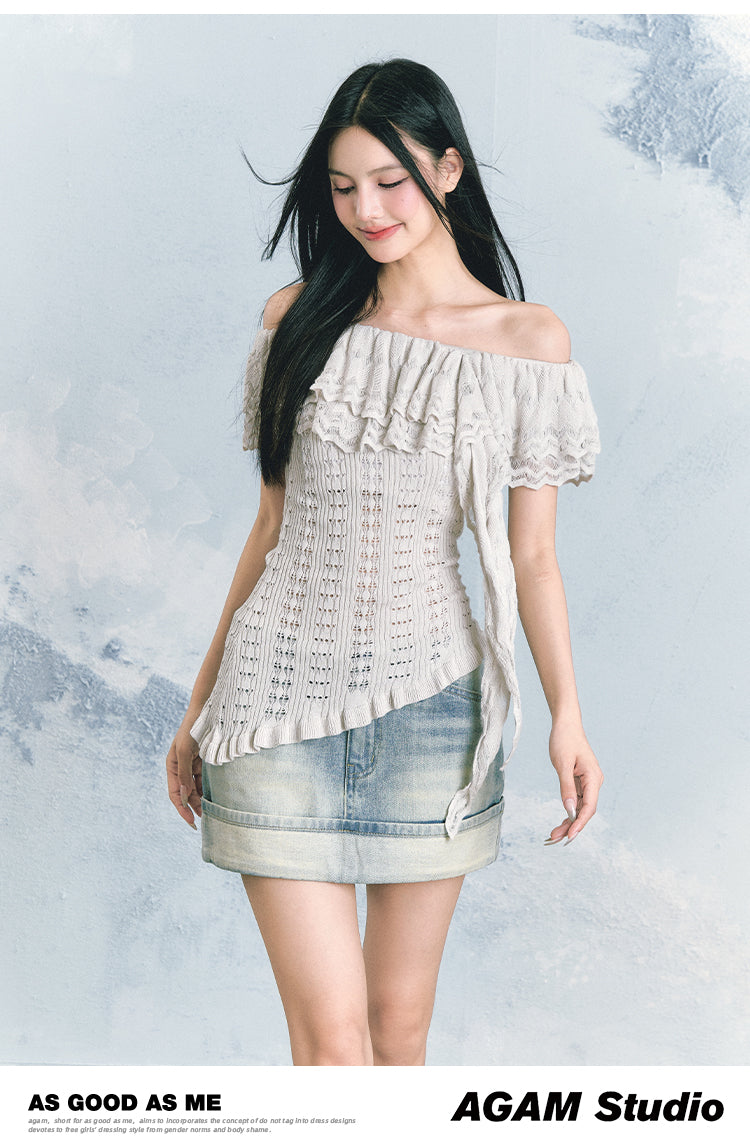 Off-The-Shoulder Ruffled Crochet Blouse