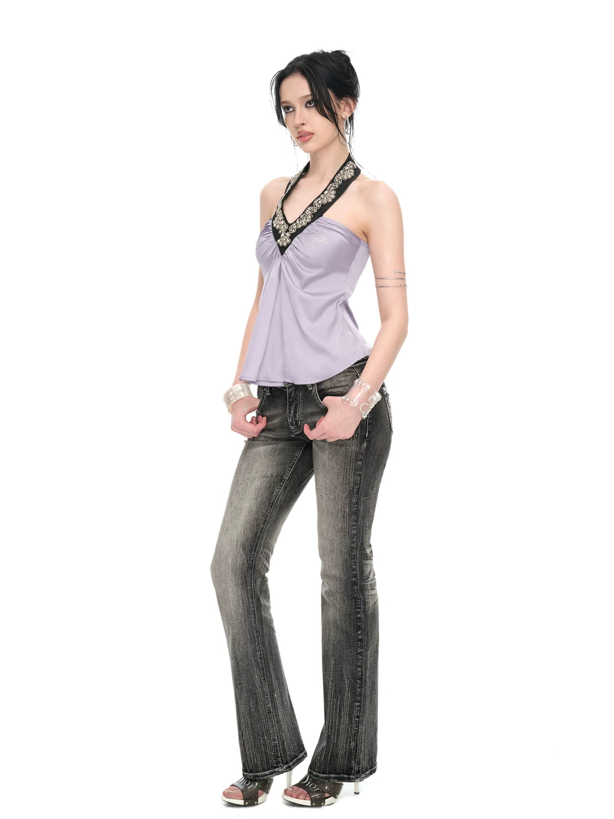 Lilac Satin Sequin Halter Neck Backless Draped Blouse