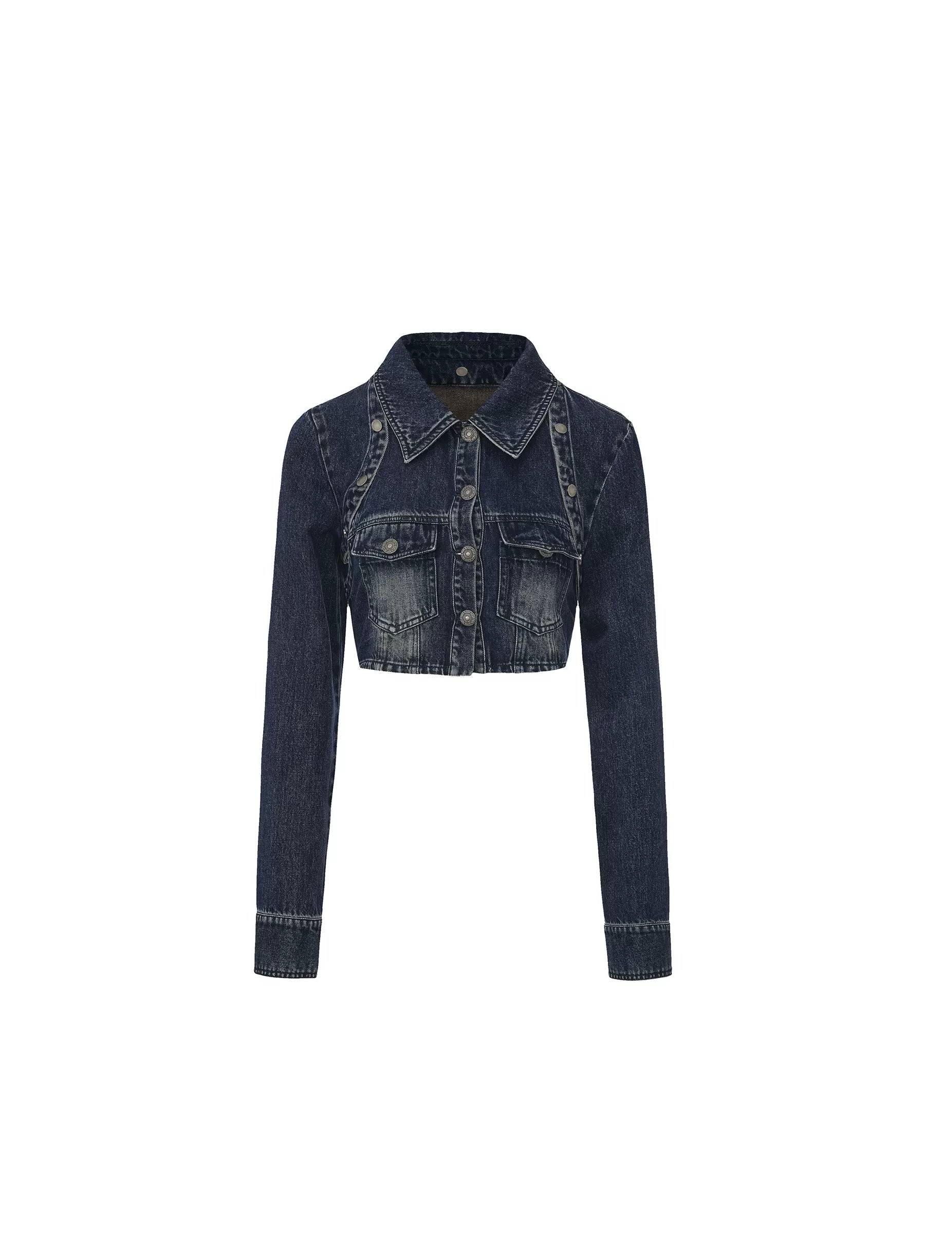 Y2K Washed Denim Cropped Set with Embroidered Patch Detail