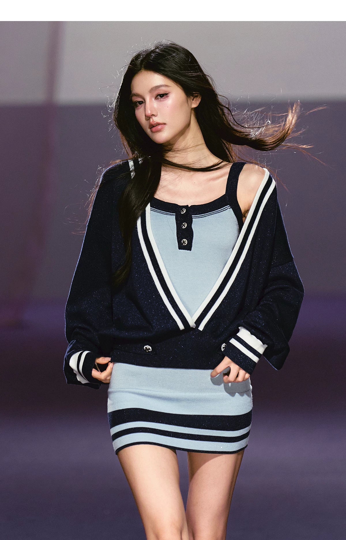 Striped Deep V Knit Dress & Cardigan Set