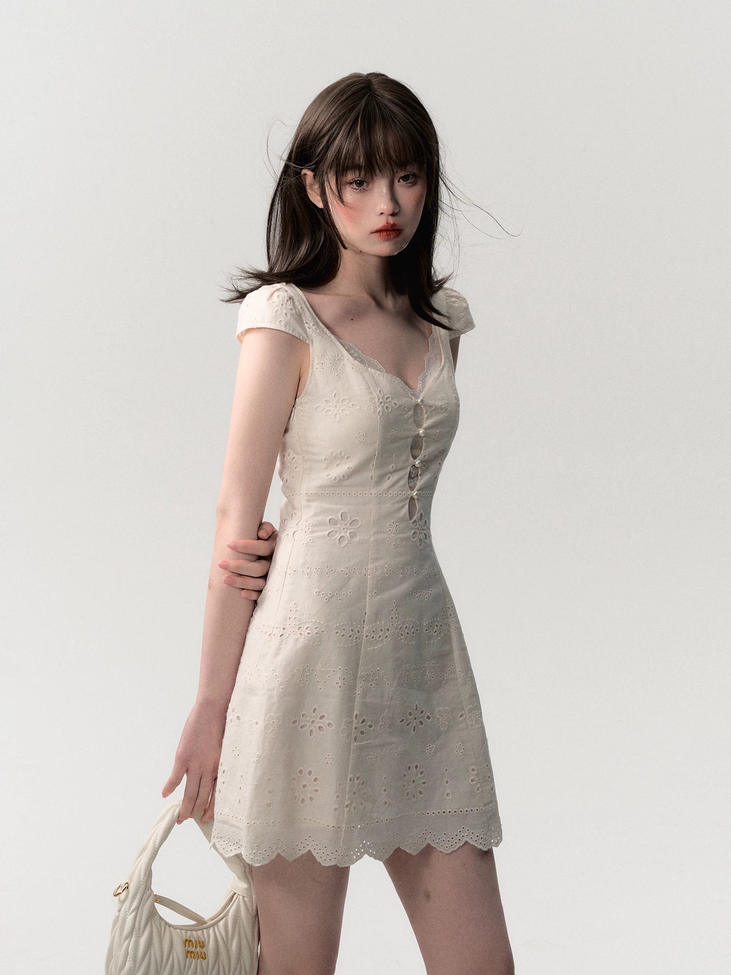 Cream White Lace-Panel Slim Fit Textured Dress