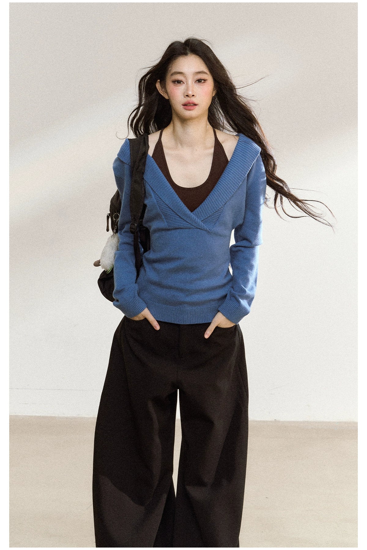 Blue Off-Shoulder Knit Sweater Cardigan - CHINASQUAD