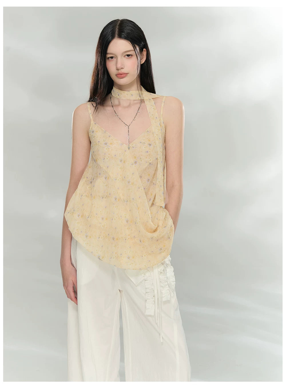 Asymmetric Ribbon Tie Sheer V-Neck Camisole