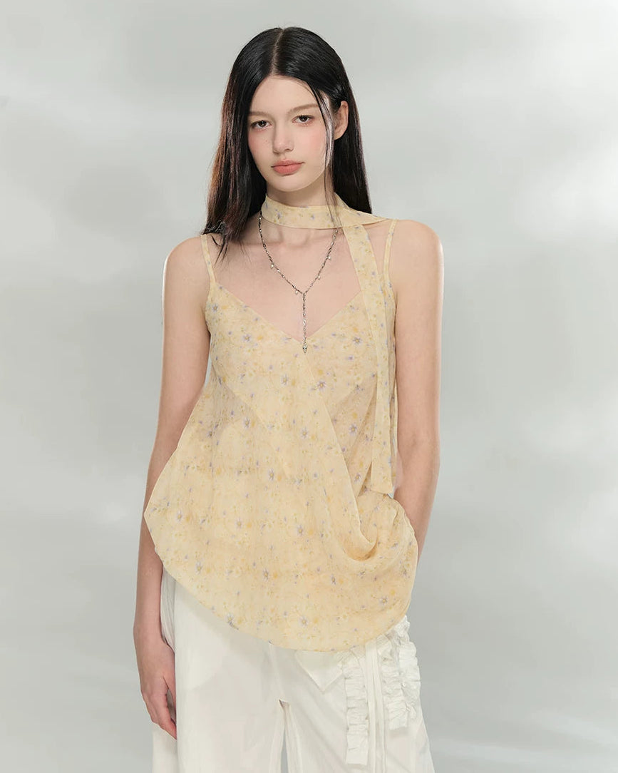 VIA PITTI Asymmetric Ribbon Tie Sheer V-Neck Camisole – view 8