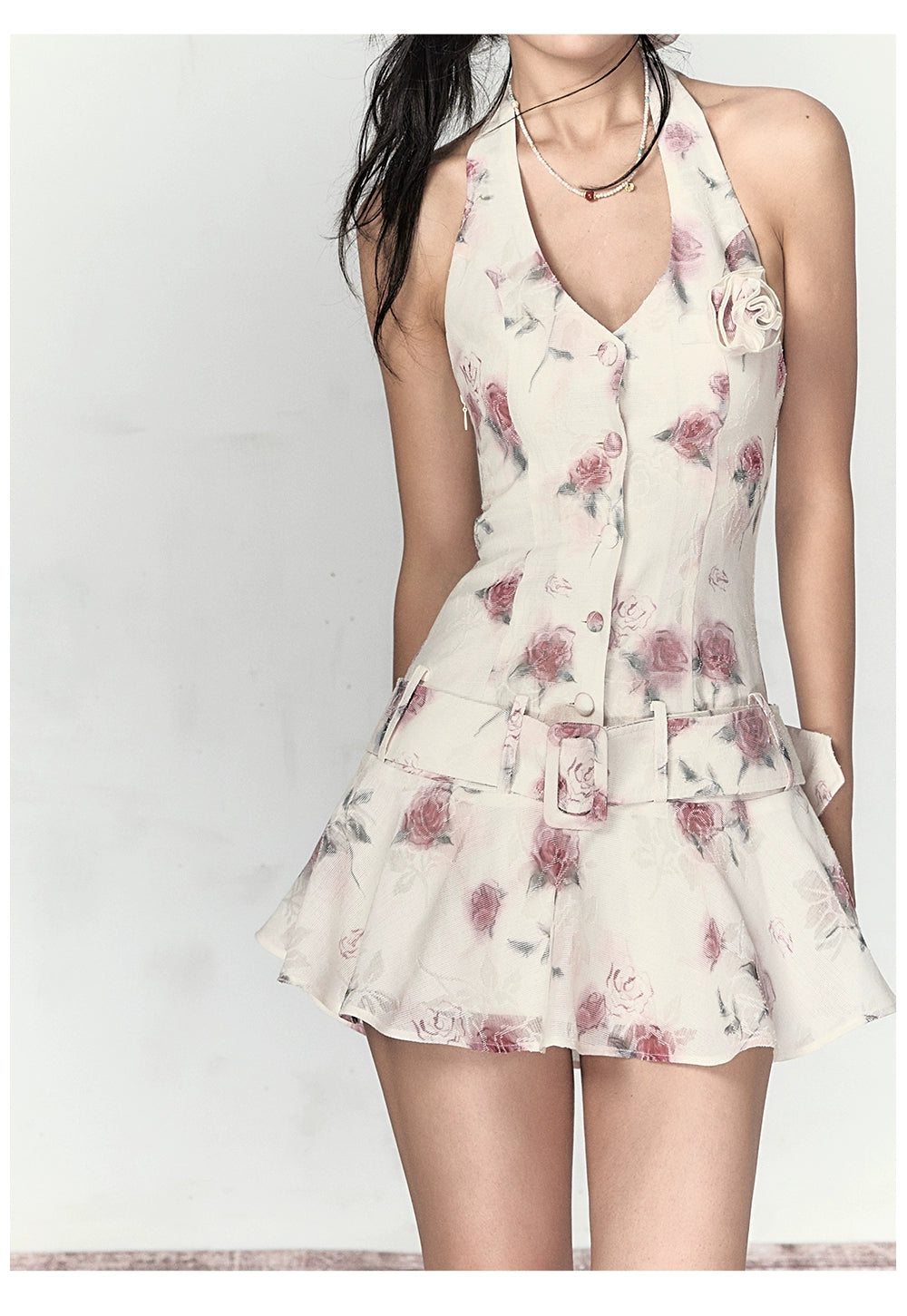 Apricot & Light Green Printed Halter Dress - CHINASQUAD