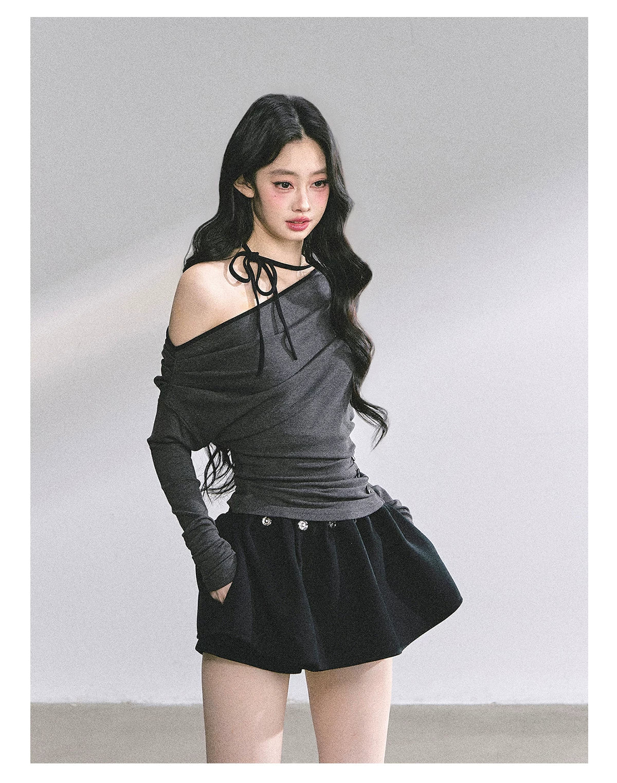 Off-Shoulder Halter Long-Sleeve T-Shirt