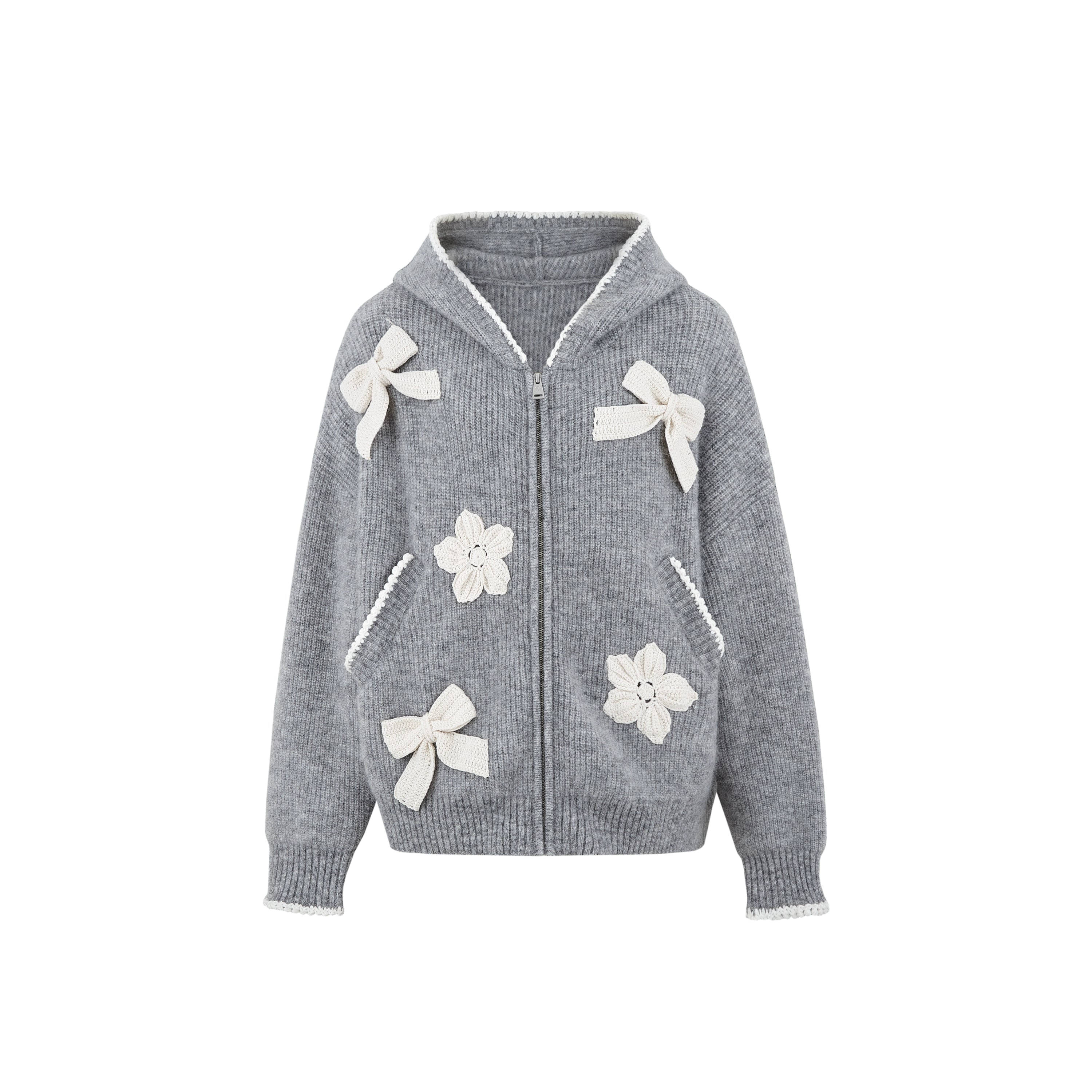 Crochet-Trim Knit Hoodie