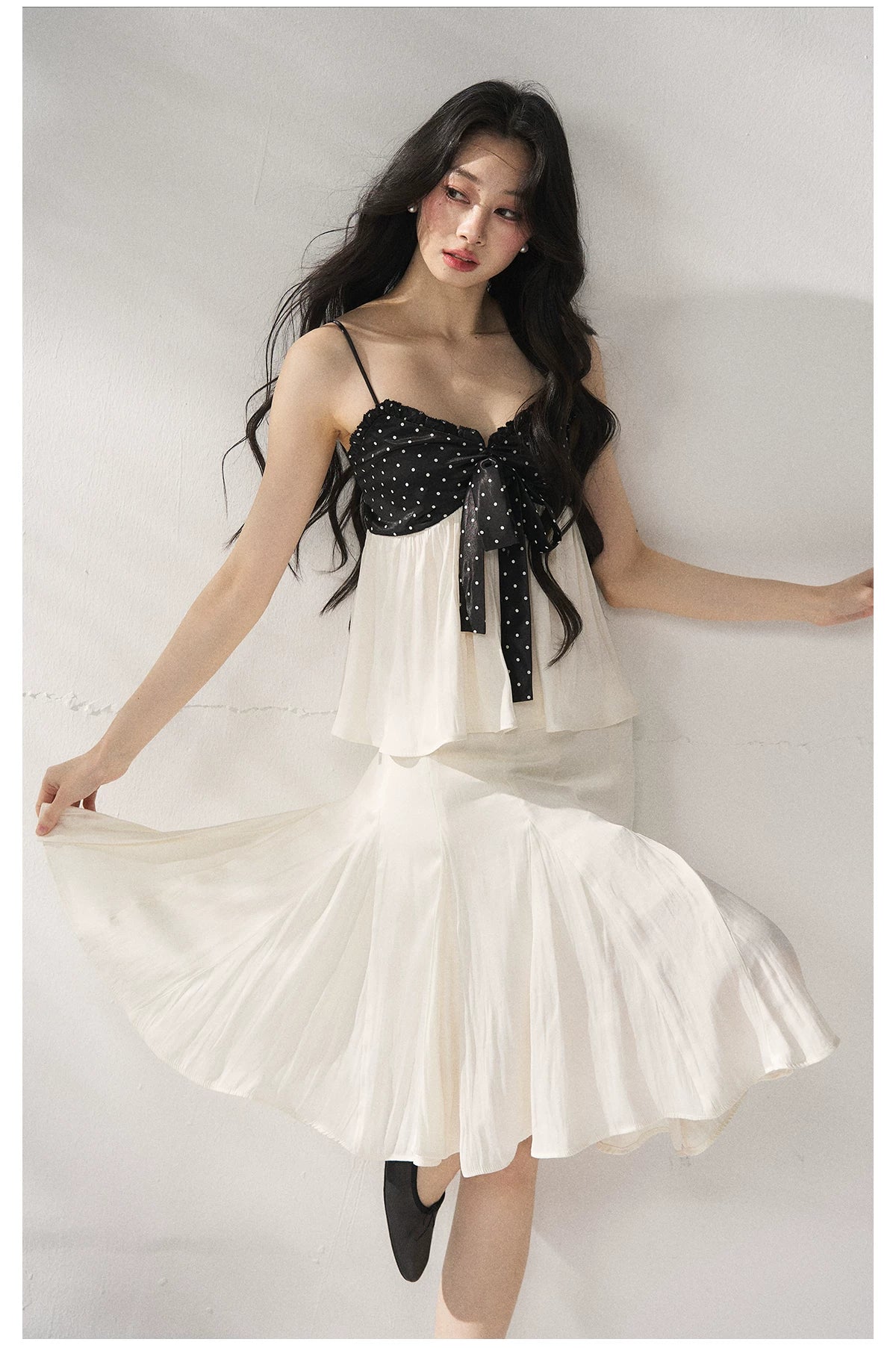 Polka Dot Camisole & Bow Detail Midi Skirt Set
