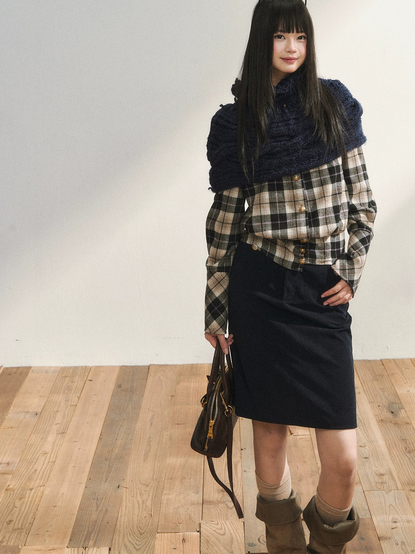 Vintage Plaid Contrast-Panel Fitted Shirt Crewneck