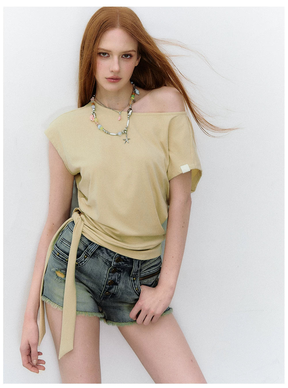 Asymmetric One-Shoulder Tie Detail Cutout Short Sleeve T-Shirt