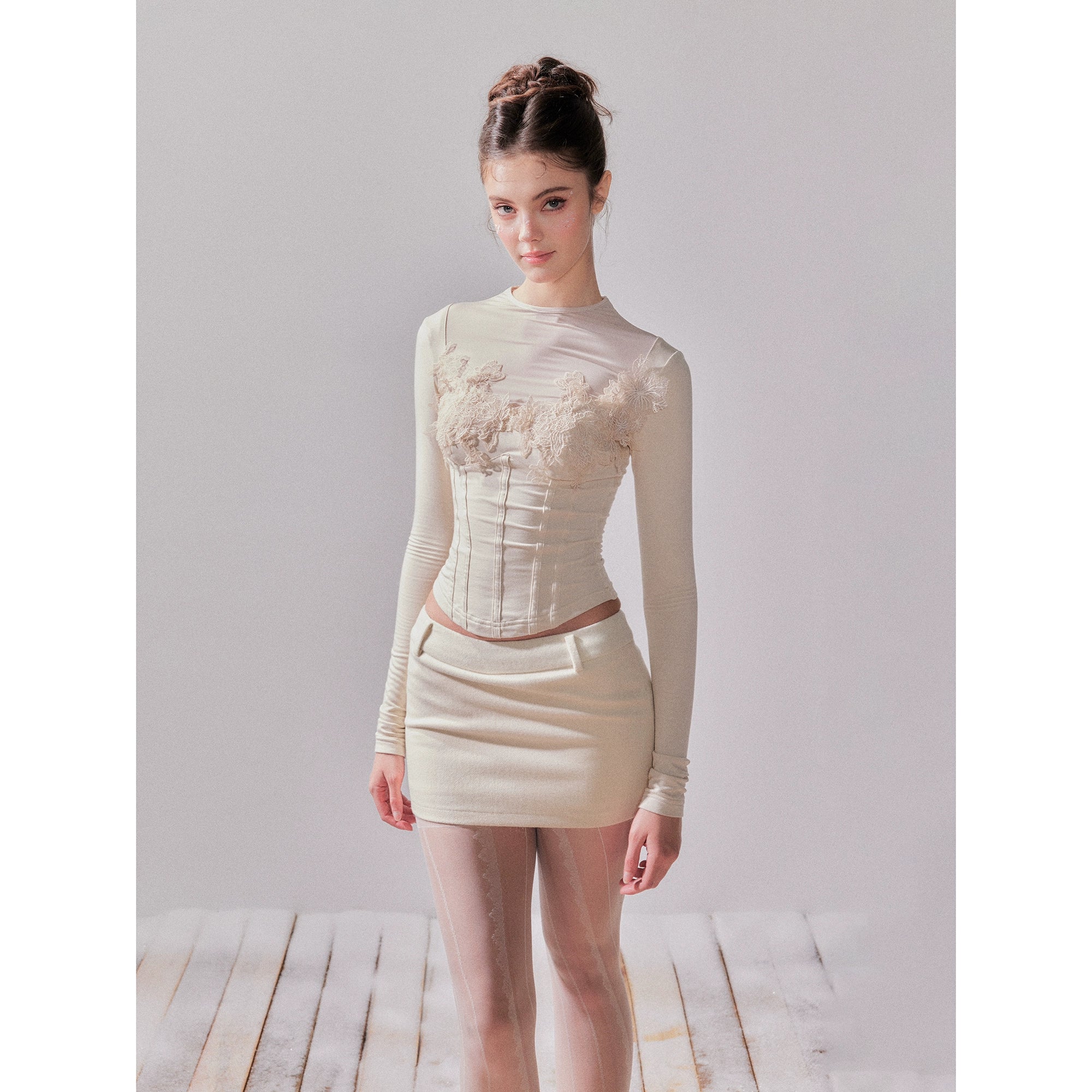 Pine Cream Lace Thermal Knit Top & Skirt Set