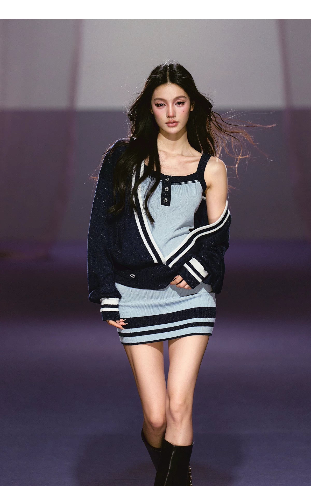 Striped Deep V Knit Dress & Cardigan Set