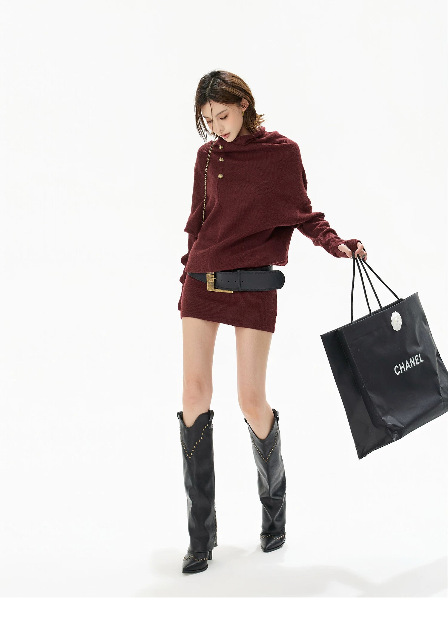 Cowl-Neck Batwing Sleeve Knit Mini Dress