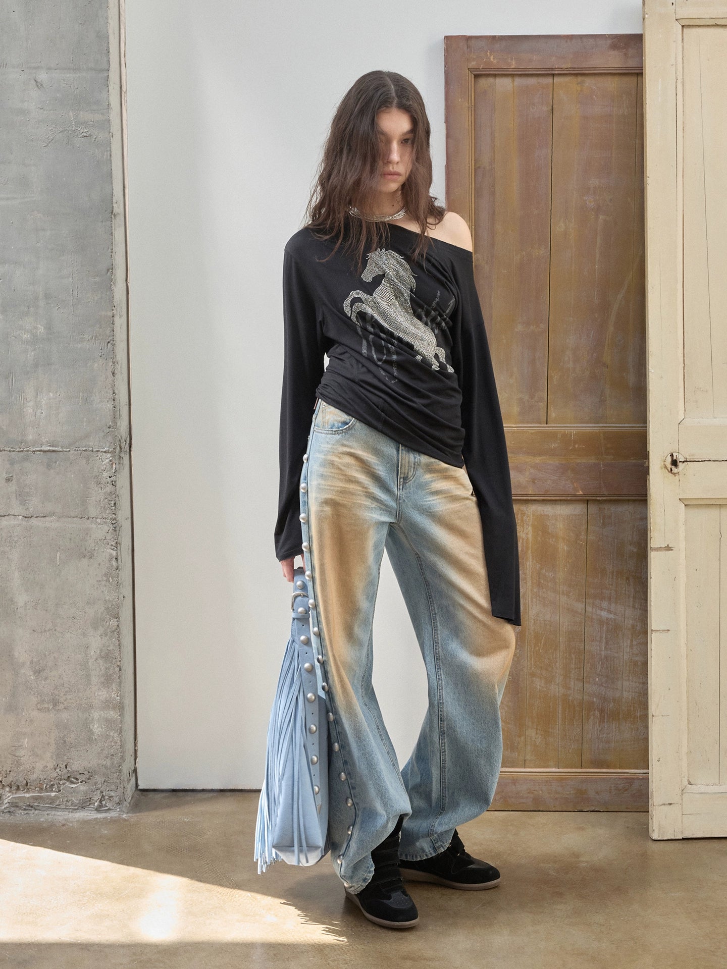 Asymmetric Draped Crystal-Embellished Long Sleeve T-Shirts - CHINASQUAD