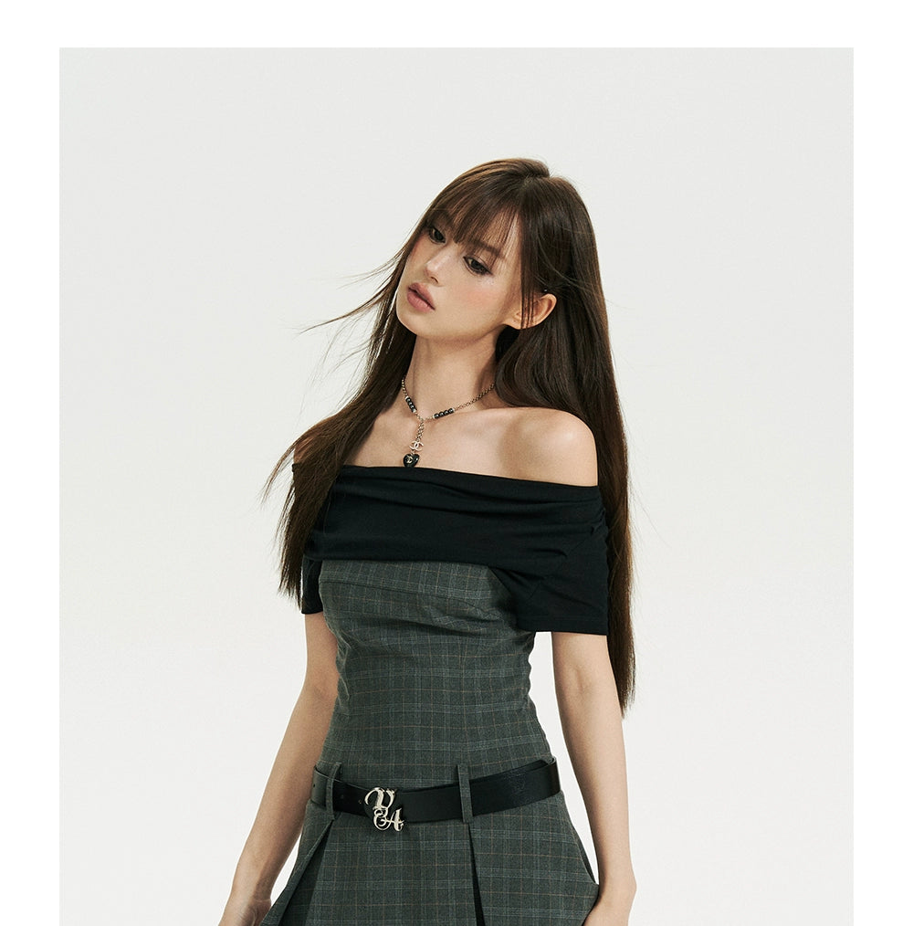 Grid Off-Shoulder Mini Dress - CHINASQUAD