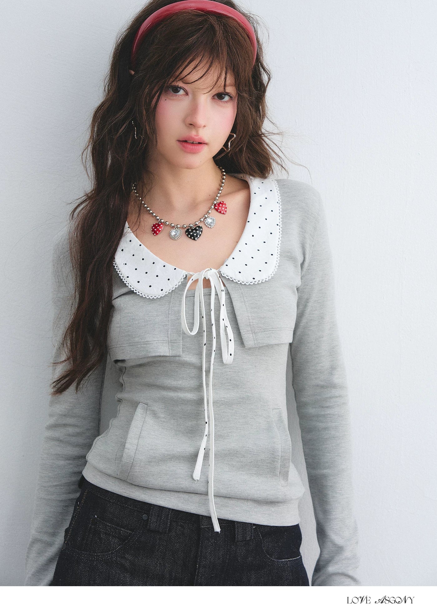 Polka Dot Lace Collar Long Sleeve Cardigan & Cami Two-Piece Set