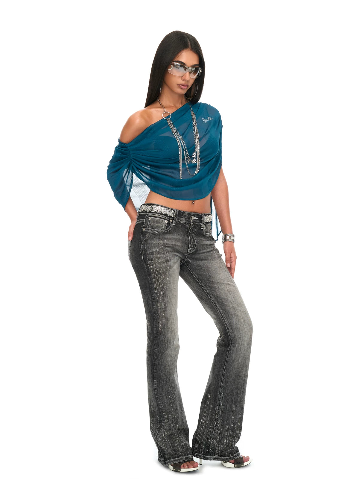Peacock Blue Draped Off-Shoulder Sheer Chiffon Blouse