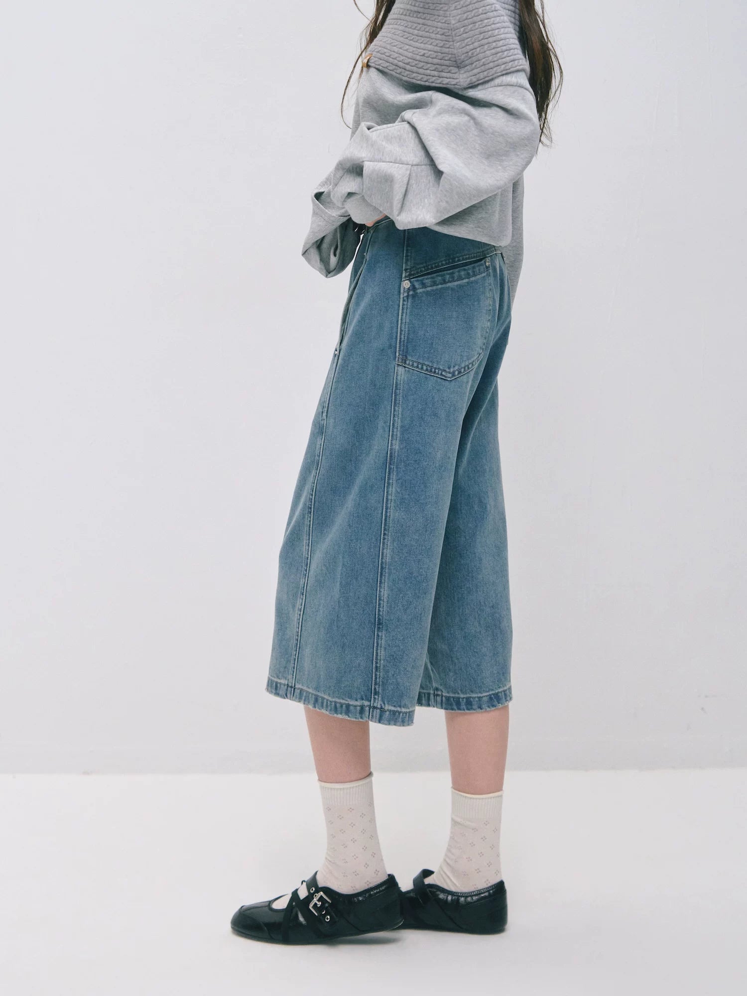 Deconstructed Panel Wide-Leg Bermuda Denim Shorts