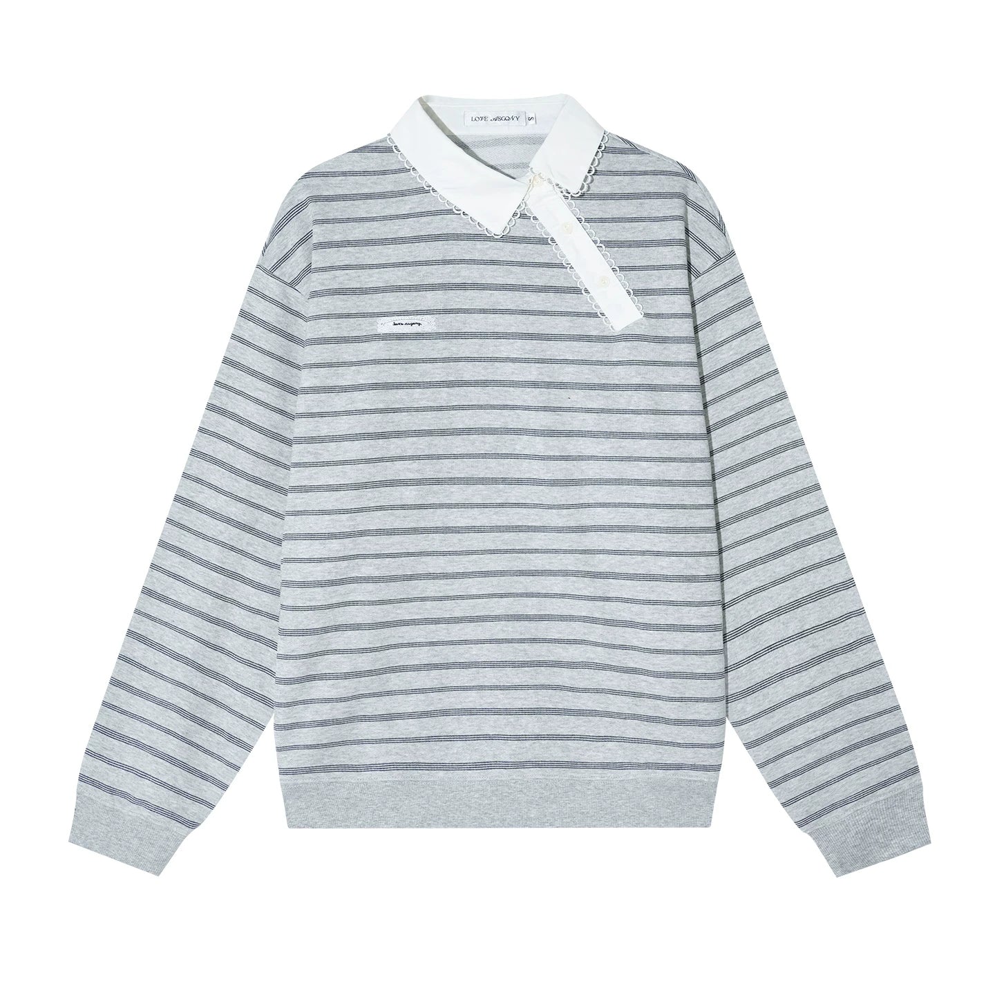 Placket Ruffle Collar Striped Sweatshirt