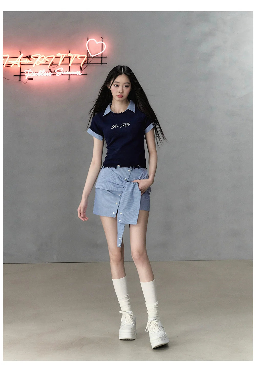 Deep Blue & Black Mock Two-piece Knit Sweater with Patchwork Short Sleeves - CHINASQUAD