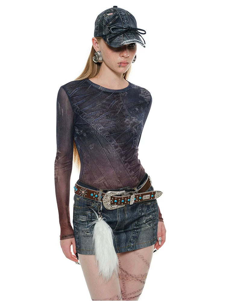 Denim Blue Printed Bodycon Skirt - CHINASQUAD