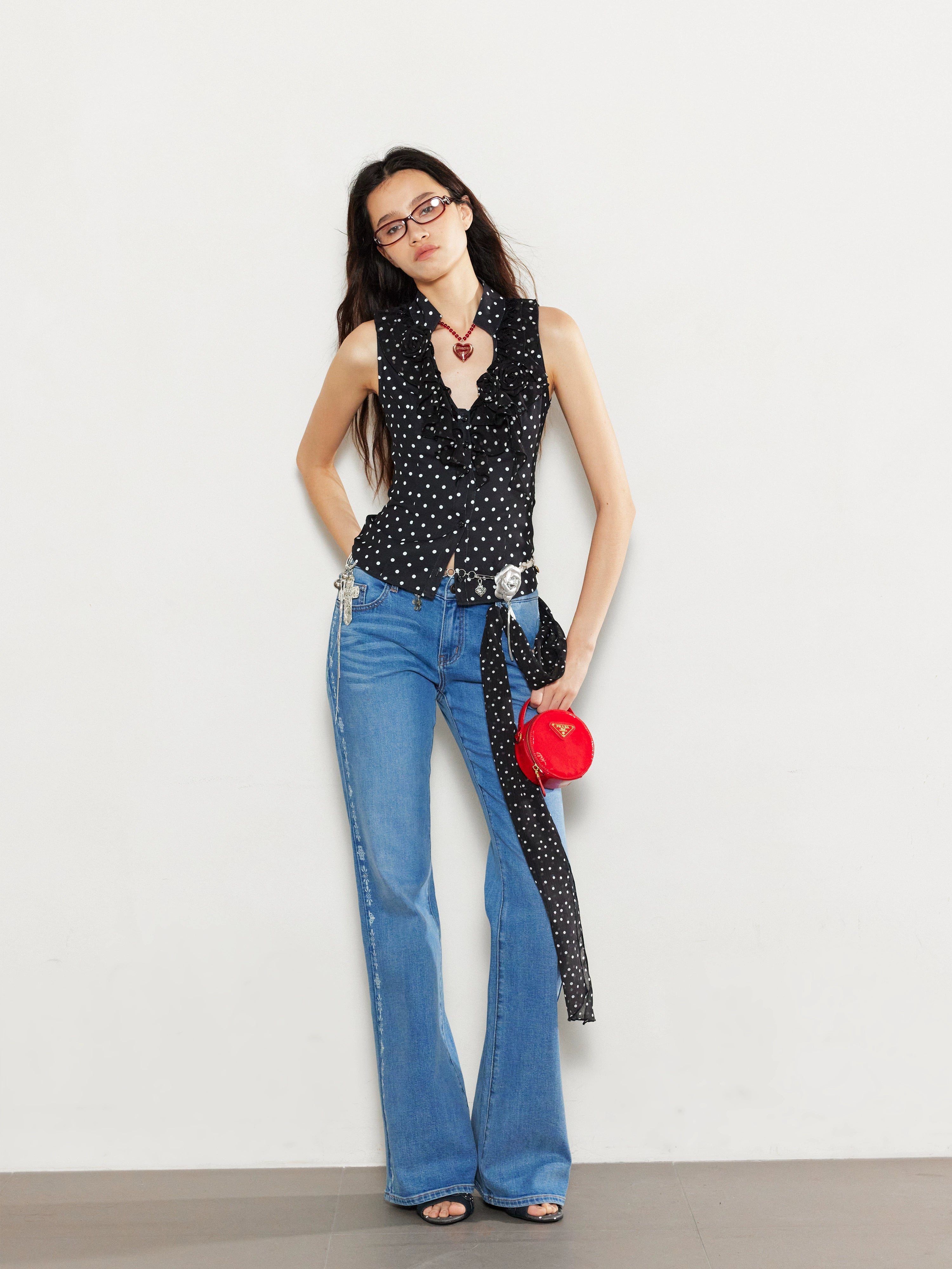 Lace Love Embroidery Polka Dot V-Neck Tank Top - CHINASQUAD