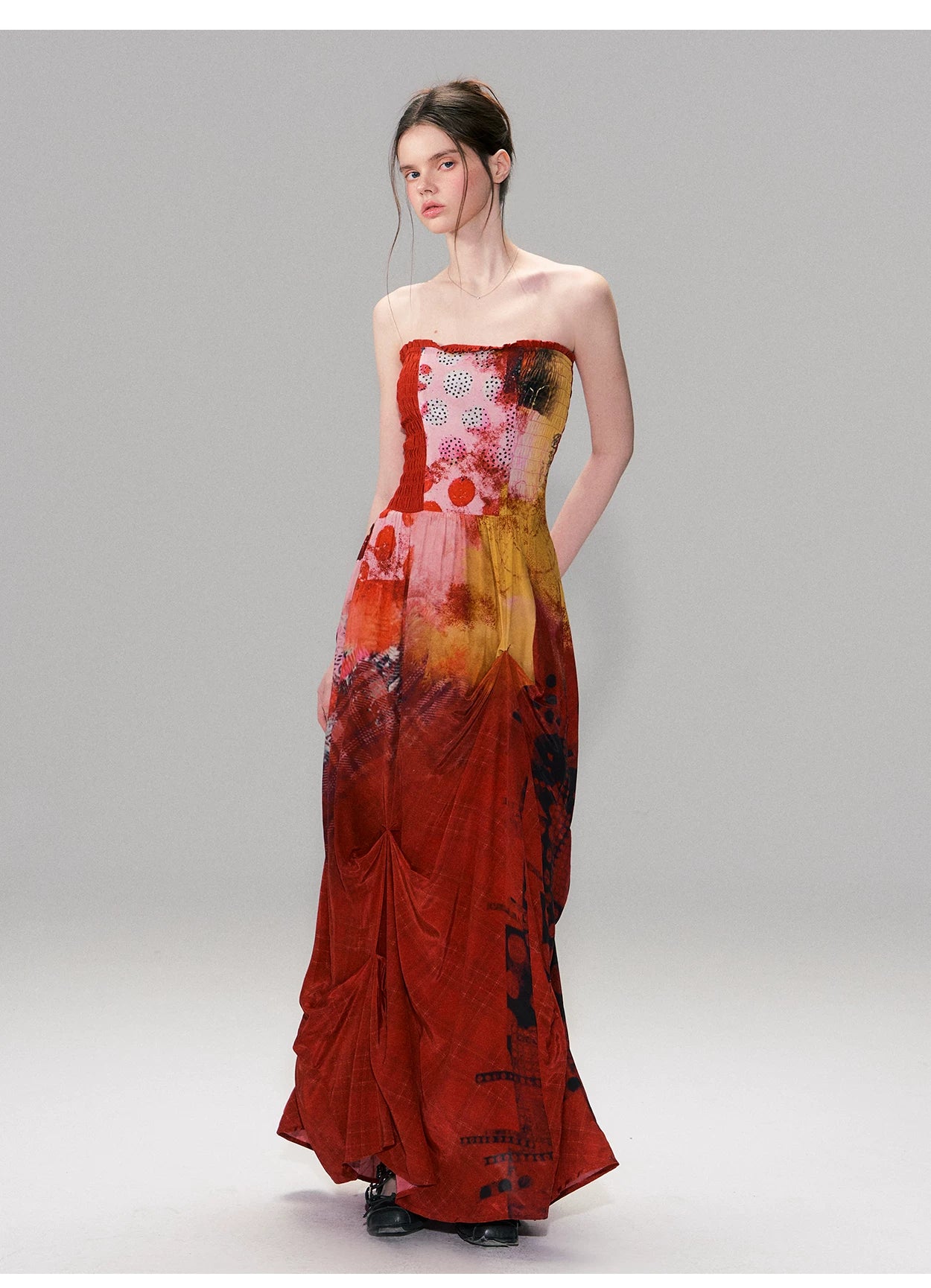 Vintage Red Strapless Printed Maxi Dress