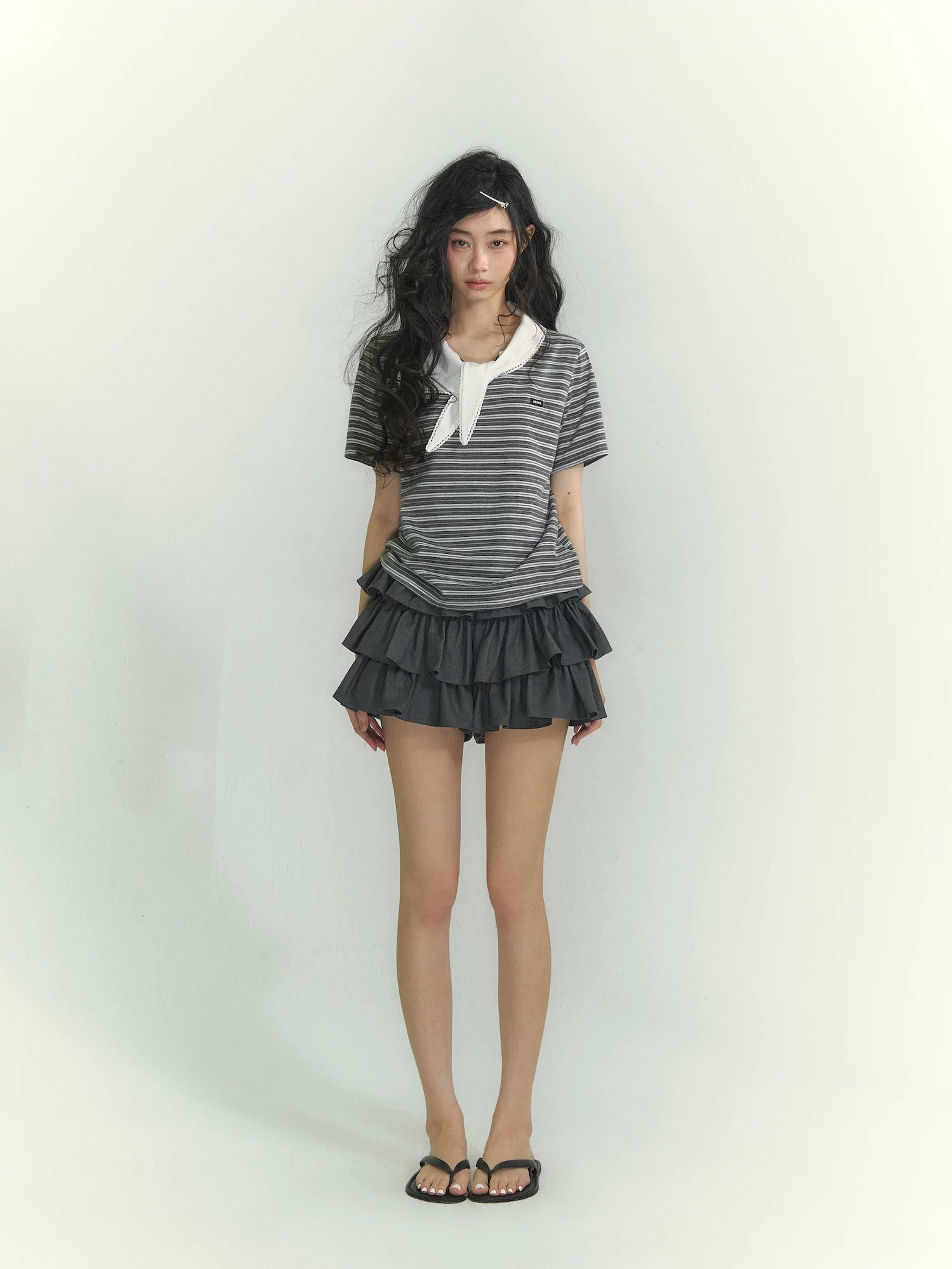 Tie-Neck Sailor Collar Striped Short Sleeve T-Shirt