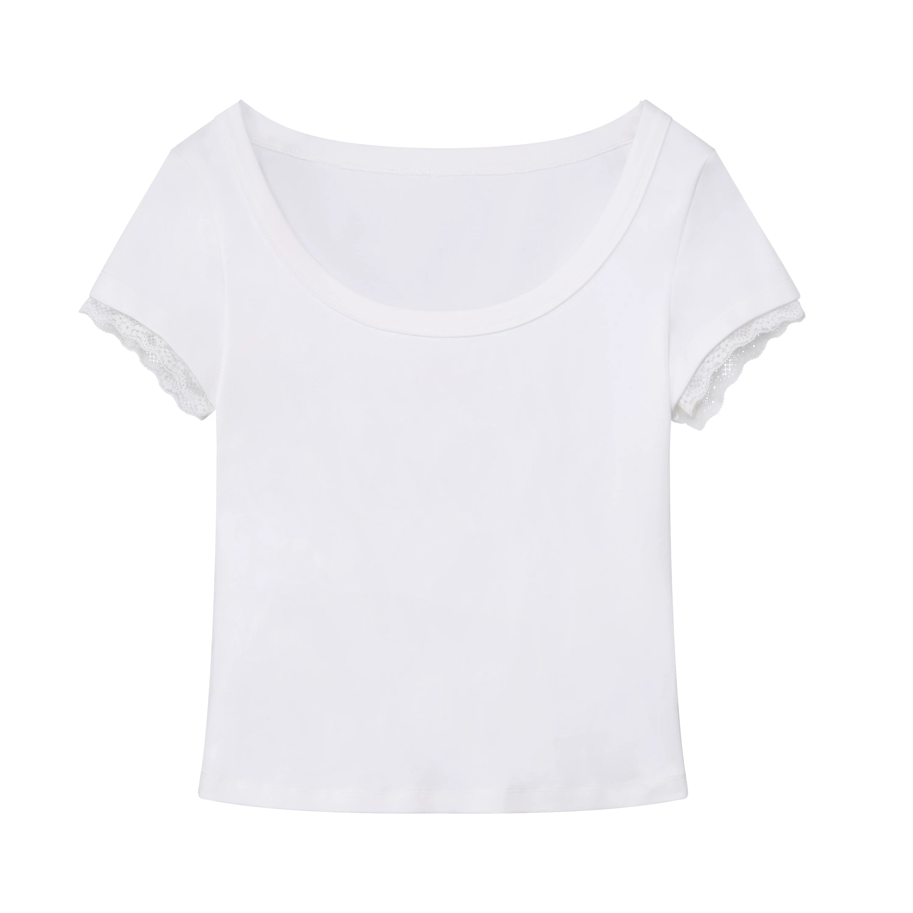 Lace Trim Scoop Neck Fitted Cotton T-Shirt
