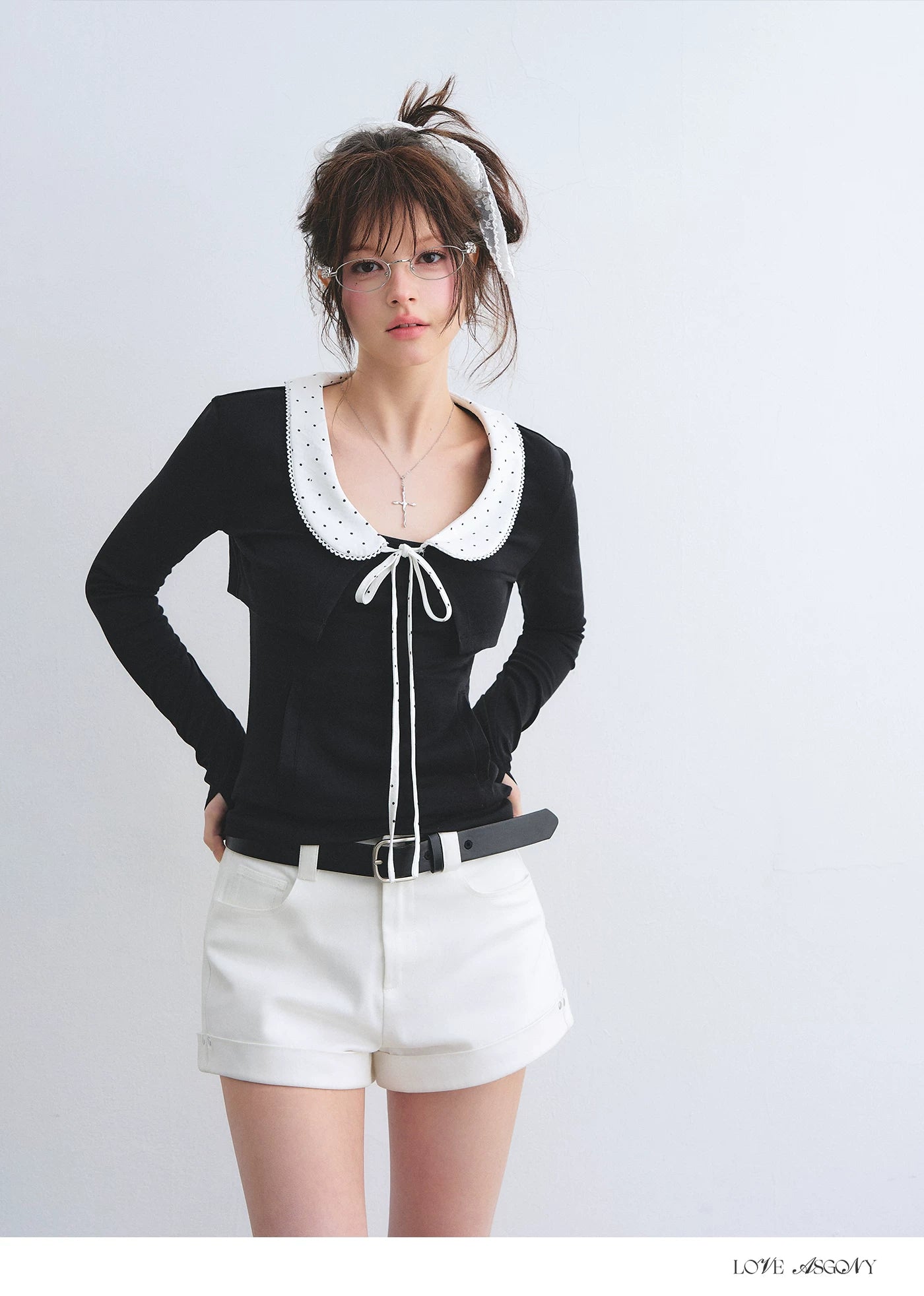 Polka Dot Lace Collar Long Sleeve Cardigan & Cami Two-Piece Set