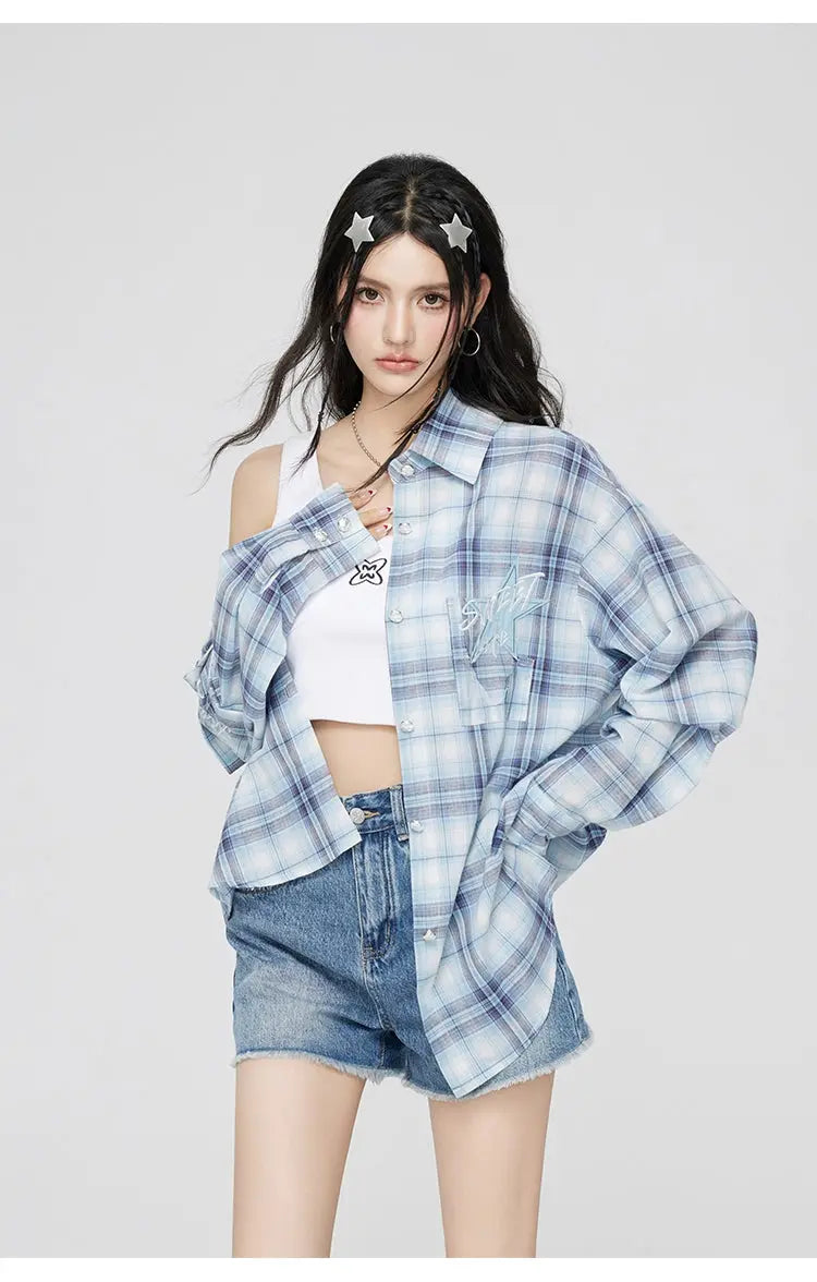Blue Plaid Embroidered Sunscreen Shirt - CHINASQUAD