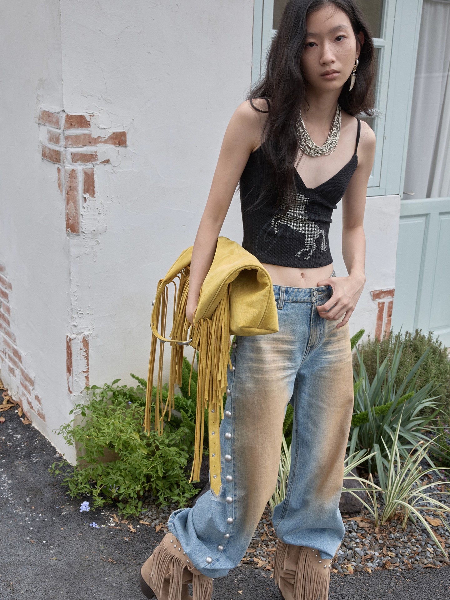 Knight Horse Rhinestone Cable-Knit Camisole - CHINASQUAD