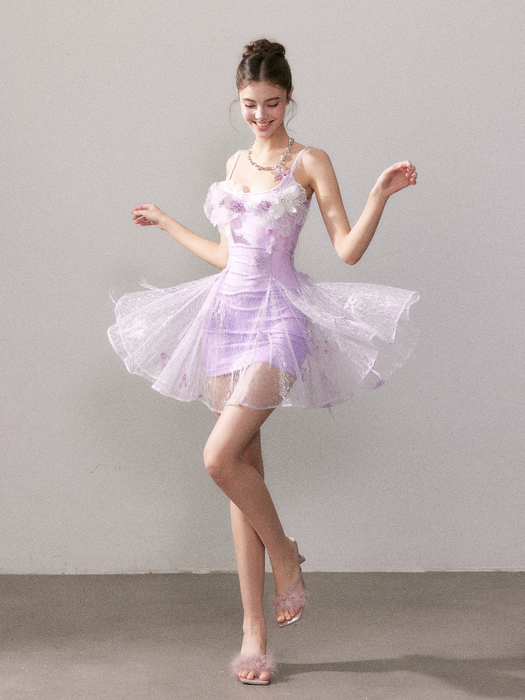 Purple Gradient Embroidered Lace Dress - CHINASQUAD