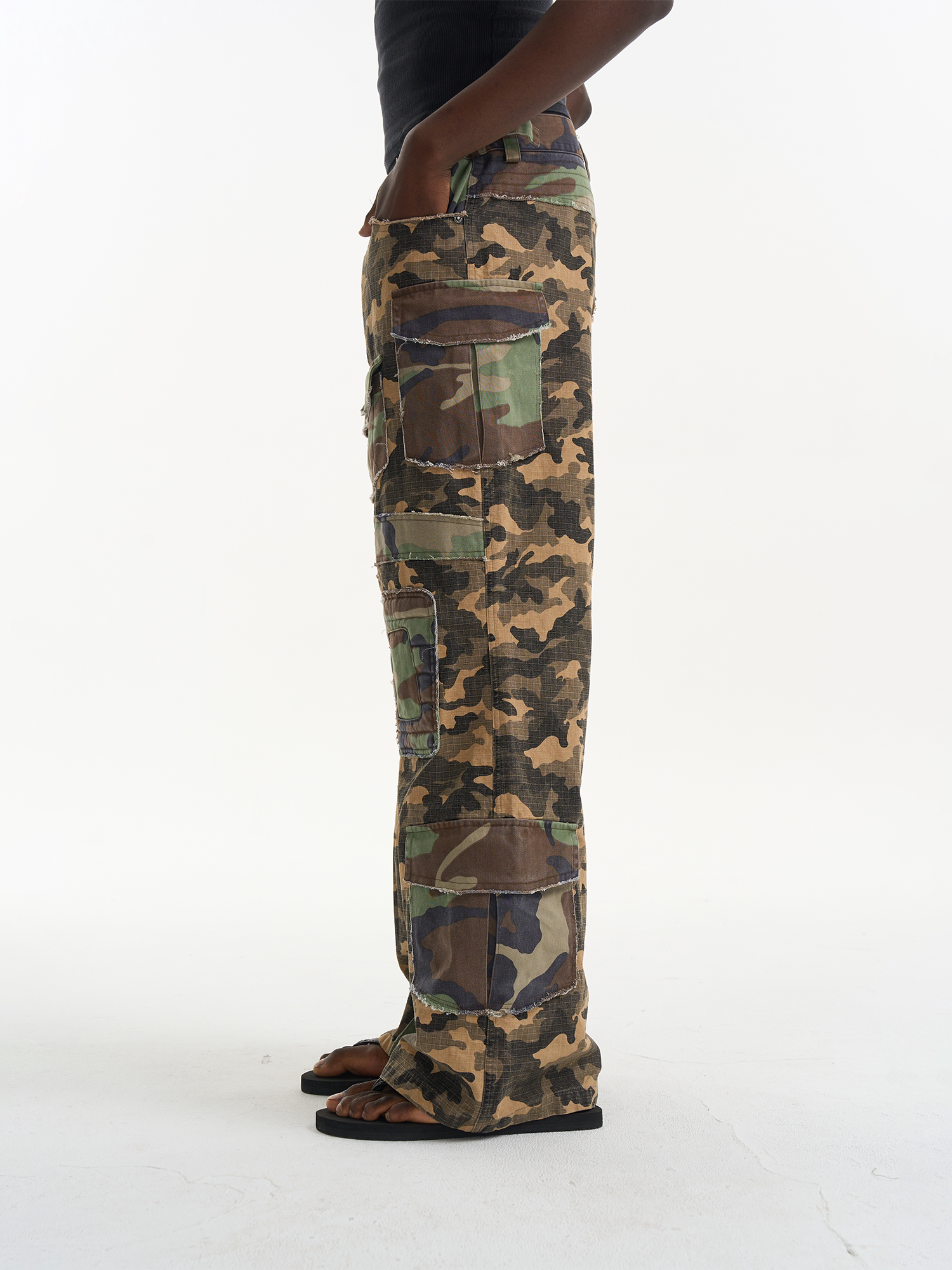 Washed Raw-Edge Patchwork Camouflage Flared Cargo Pants